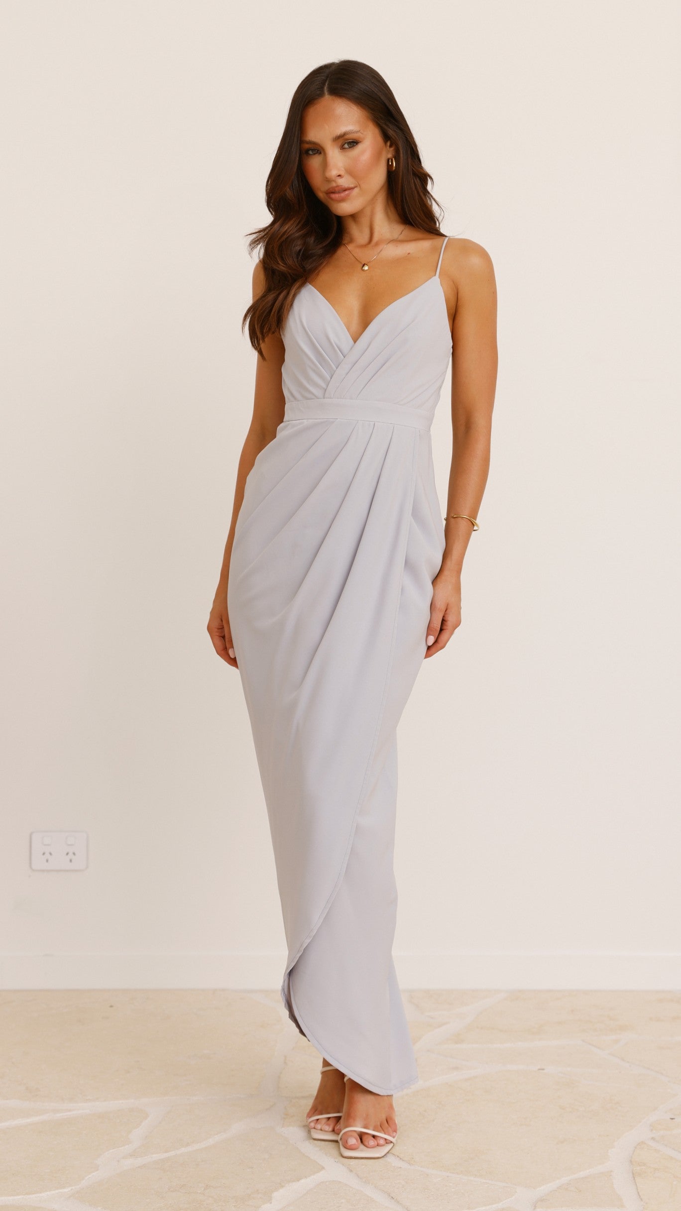 Charlotte Draped Maxi Dress - Light Grey Flowy Long Evening Gown for Women | Perfect for Weddings, Parties & Special Occasions