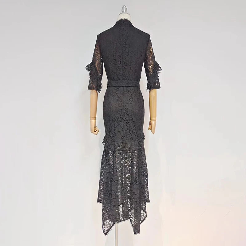 Elegant Black Lace Panel Sashes Slim Long Dress for Women - Turtleneck Half Sleeve High Waist Maxi Dress | Perfect for Autumn Weddings, Parties & Formal Occasions
