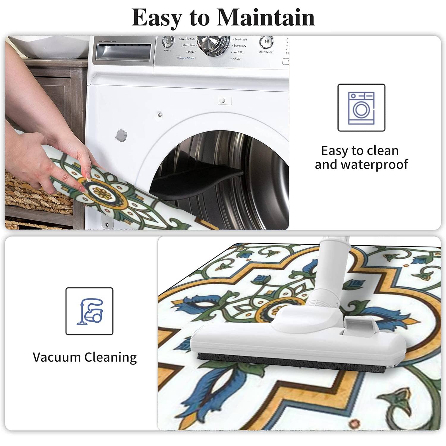 Portugal Azulejo Kitchen Rugs Set - Non-Slip Washable Floor Mats for Kitchen & Bath Decor