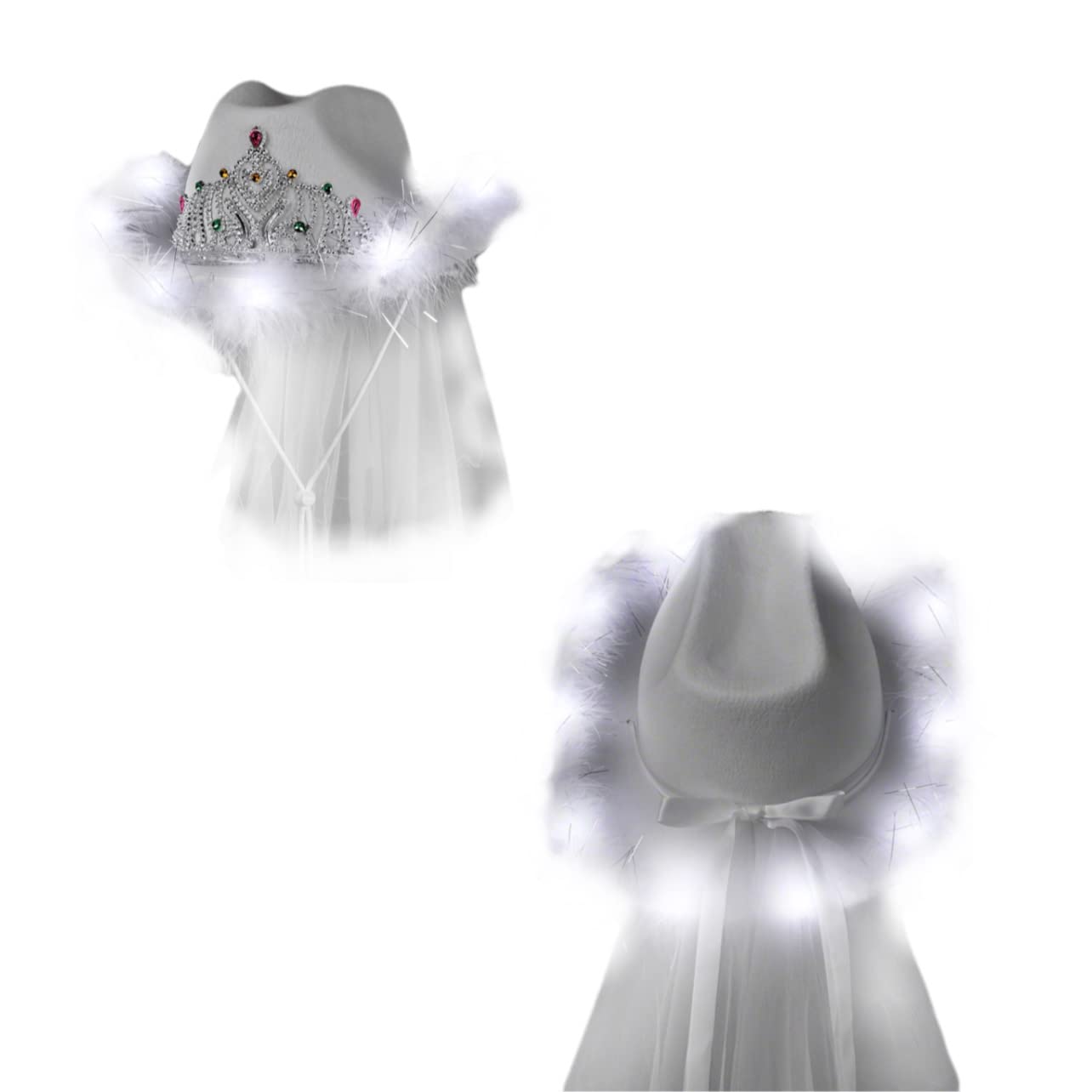 Blinkee 6-Pack Light Up White Tiara Bridal Cowgirl Hats with Veil - Perfect for Bachelorette Parties, Weddings & Bridal Showers - Battery Powered LED Headpieces for Women & Girls
