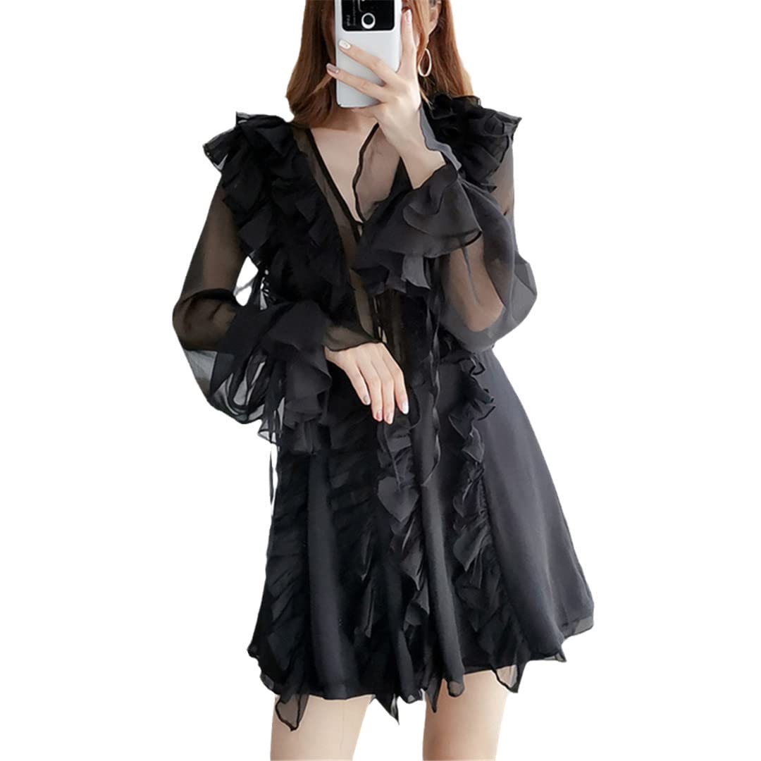 Women's Patchwork Ruffle V-Neck Long Sleeve High Waist Mini Dress - Elegant Party & Date Night Outfit for Fall/Winter