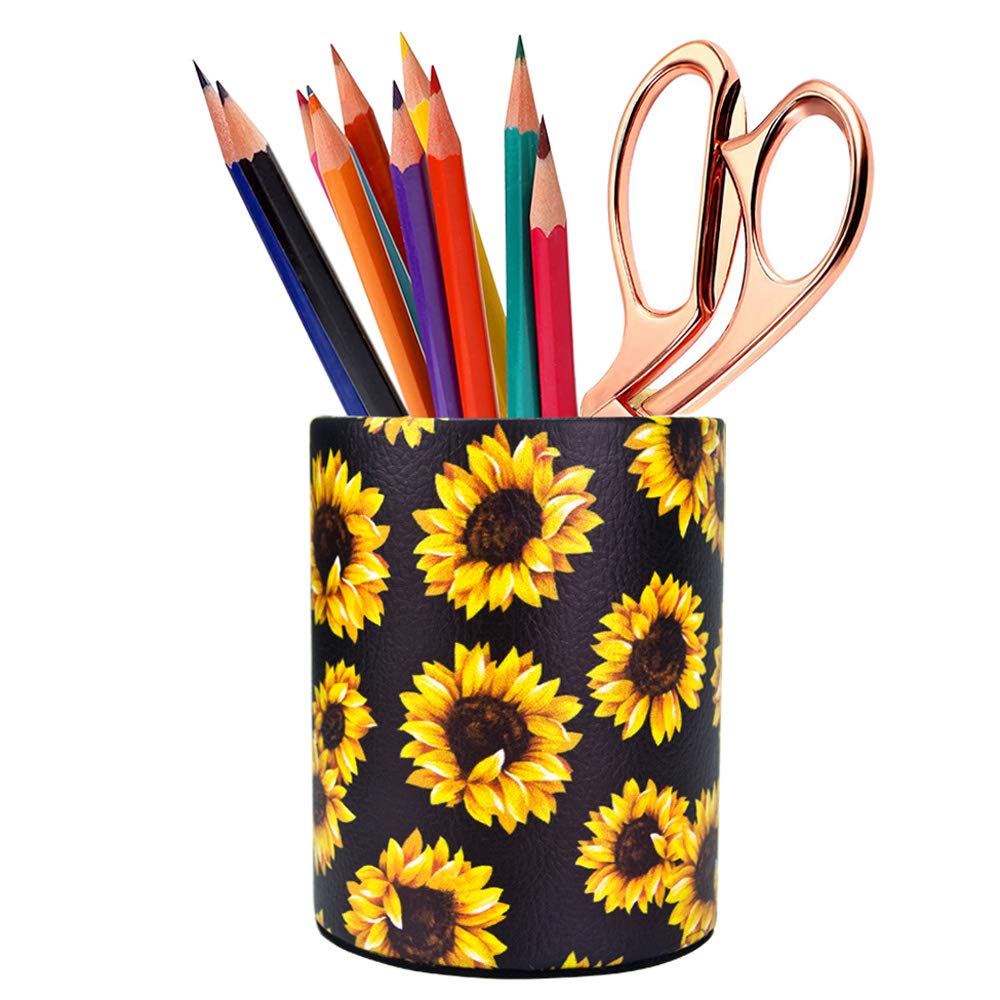 Sunflower Pen Holder & Pencil Organizer - Floral Desk Organizer for Women, Girls | Makeup Brush Holder | Perfect Gift for Office, Classroom, Home Decor (Black Sunflower Design) | Great for Workstations, Study Desks & Vanity Tables
