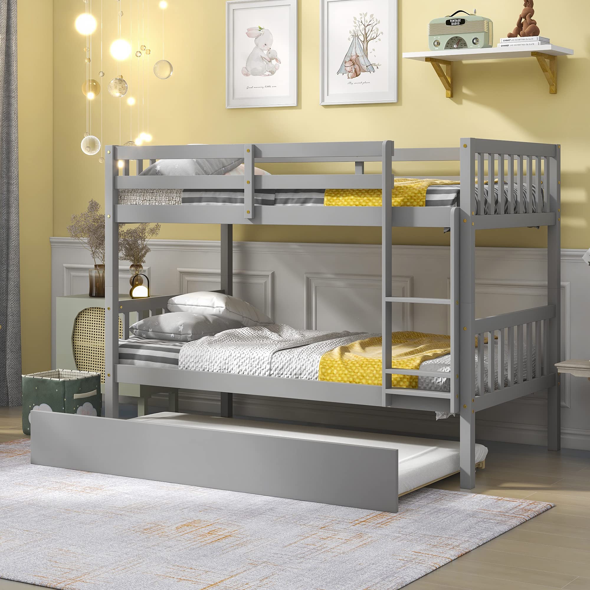 Harper & Bright Designs Twin Over Twin Solid Wood Bunk Bed with Trundle - Convertible to 2 Separate Beds - Built-in Ladders & Safety Rails - No Box Spring Needed (Gray) - Perfect for Kids' Bedrooms, Guest Rooms & Space-Saving Solutions