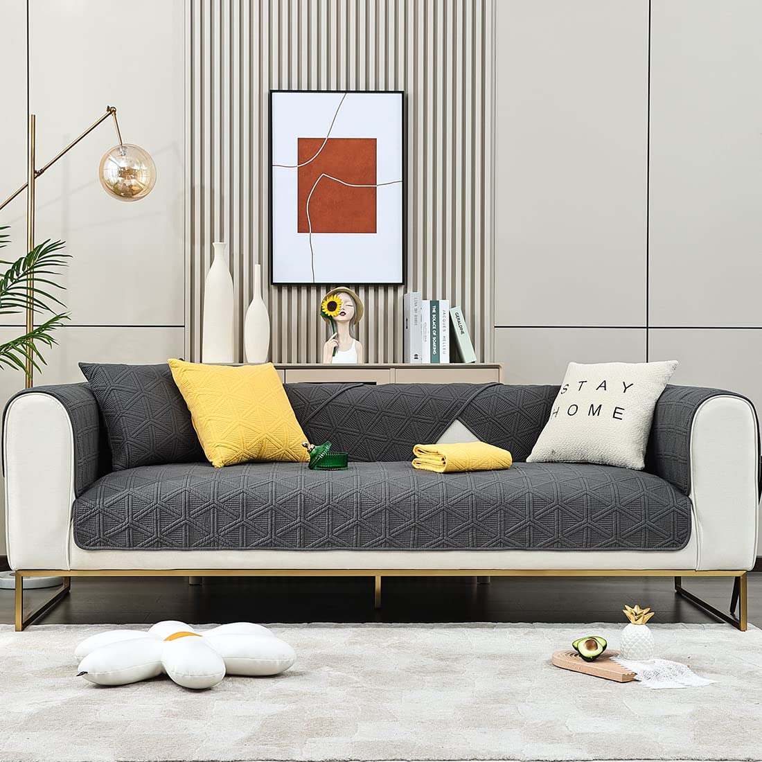 Geometric Embroidery Sofa Cover - Non-Slip Cotton Quilted Couch Slipcover with Triangle Pattern, Dark Gray 36x82 Inches - Perfect for Sectional Couches, Living Room Furniture Protection & Home Decor