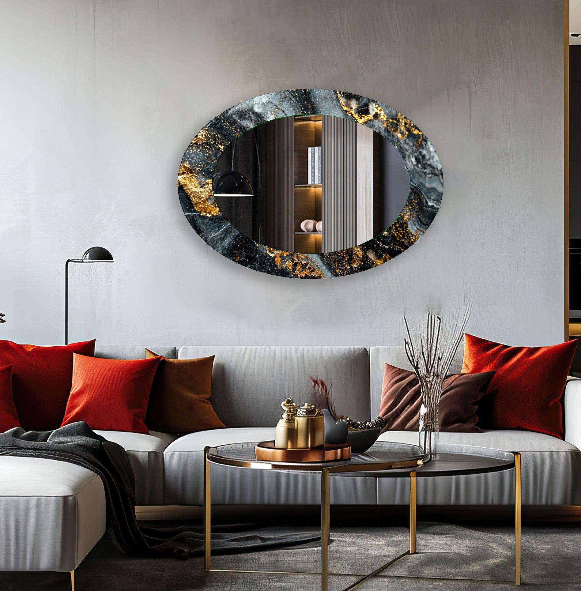 Elegant Black and Gold Abstract Oval Wall Mirror - Modern Home Decor for Living Room, Bedroom, or Entryway