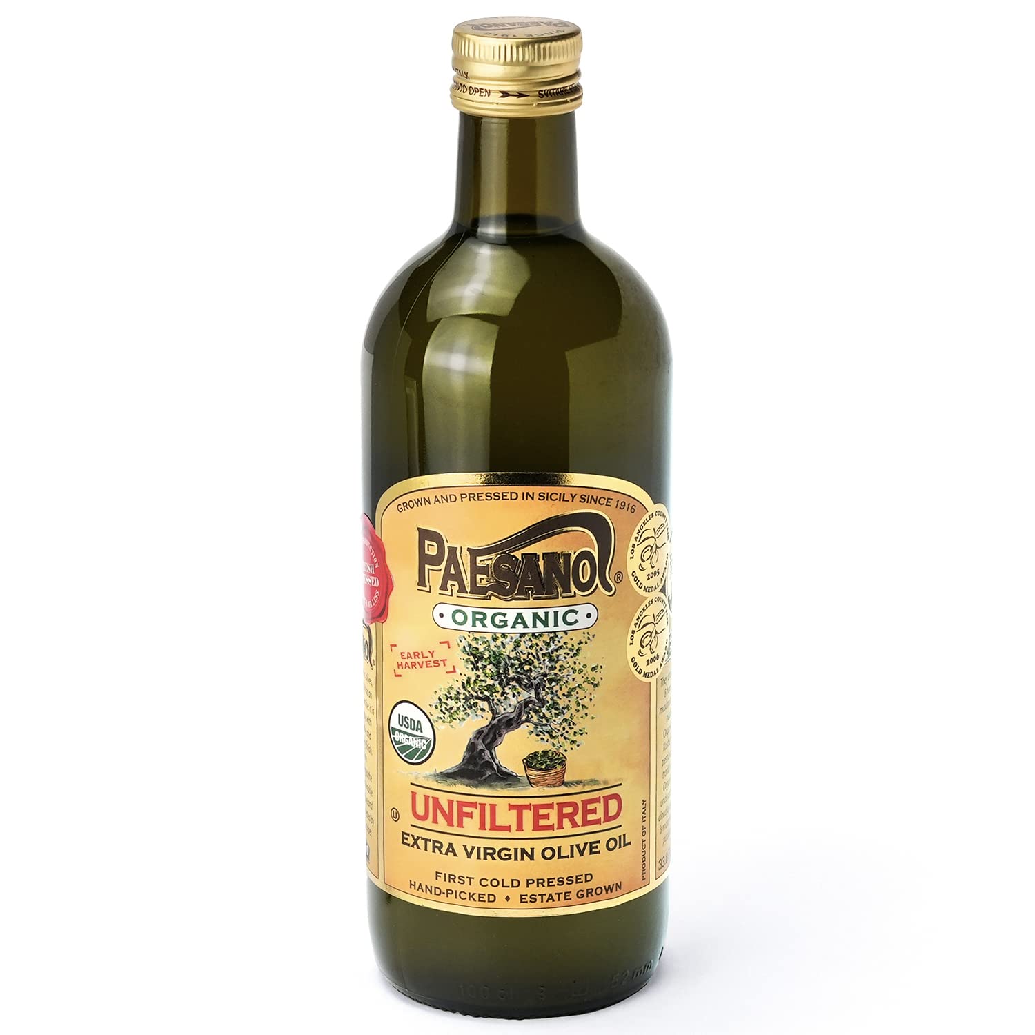 Paesano Organic Unfiltered Extra Virgin Olive Oil - 4 Pack x 34 Fl Oz Bottles | Cold Pressed, First Harvest | Perfect for Salads, Cooking & Gourmet Recipes