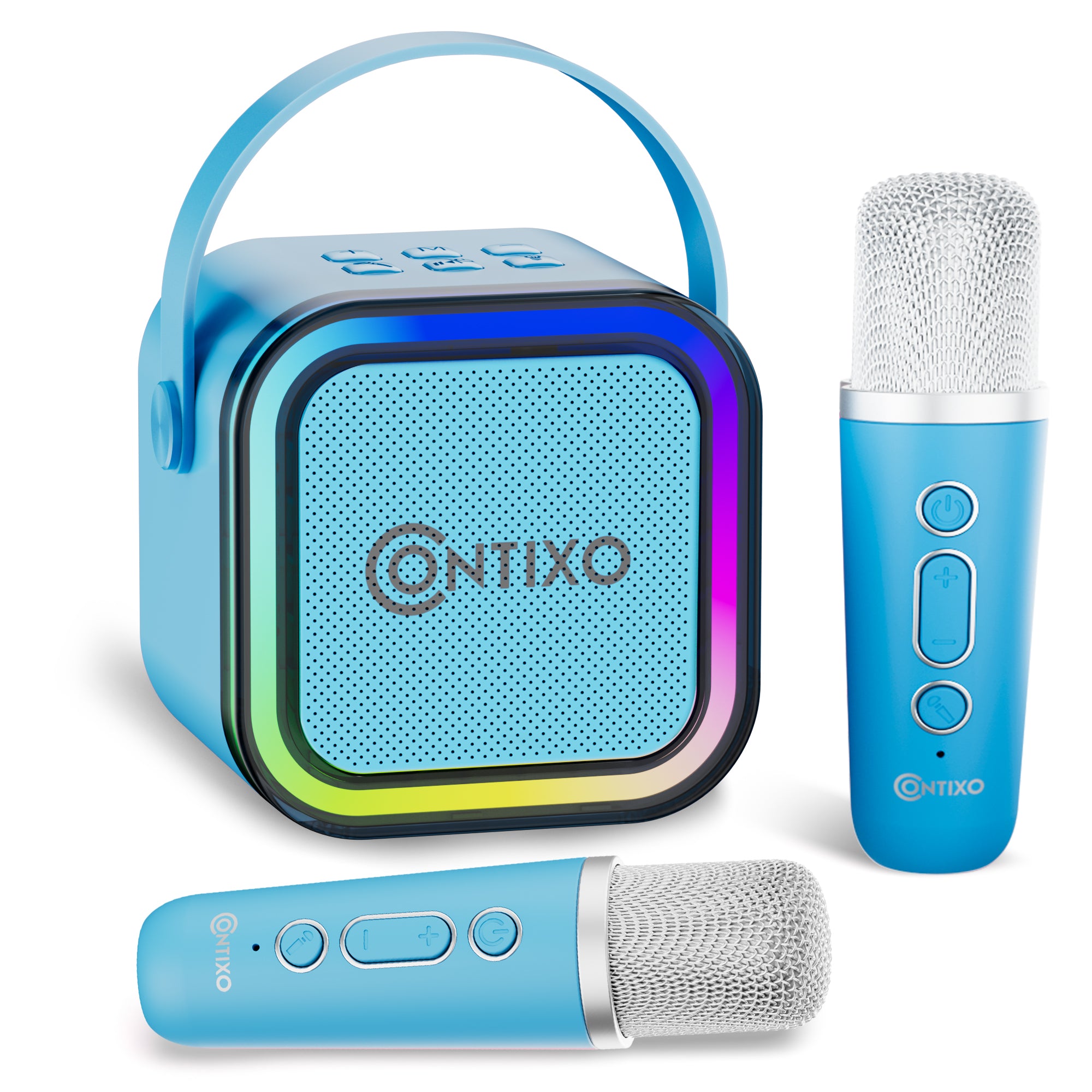 Contixo Mini Karaoke Machine - Bluetooth Portable Party Speaker with Wireless Microphones & Colorful LED Lights for Home Singing, Outdoor Gatherings and Birthday Celebrations