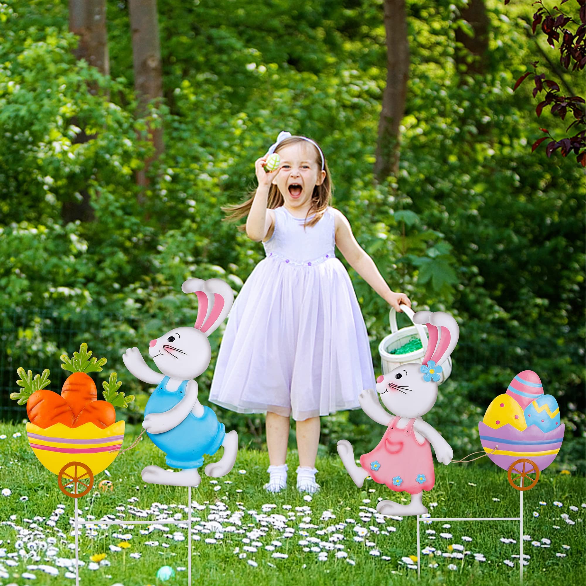 2 Pack Metal Easter Bunny Garden Stakes - Outdoor Waterproof Decorative Rabbit & Egg Yard Decor for Lawn, Patio, Home - Perfect for Easter, Spring & Holiday Decorations