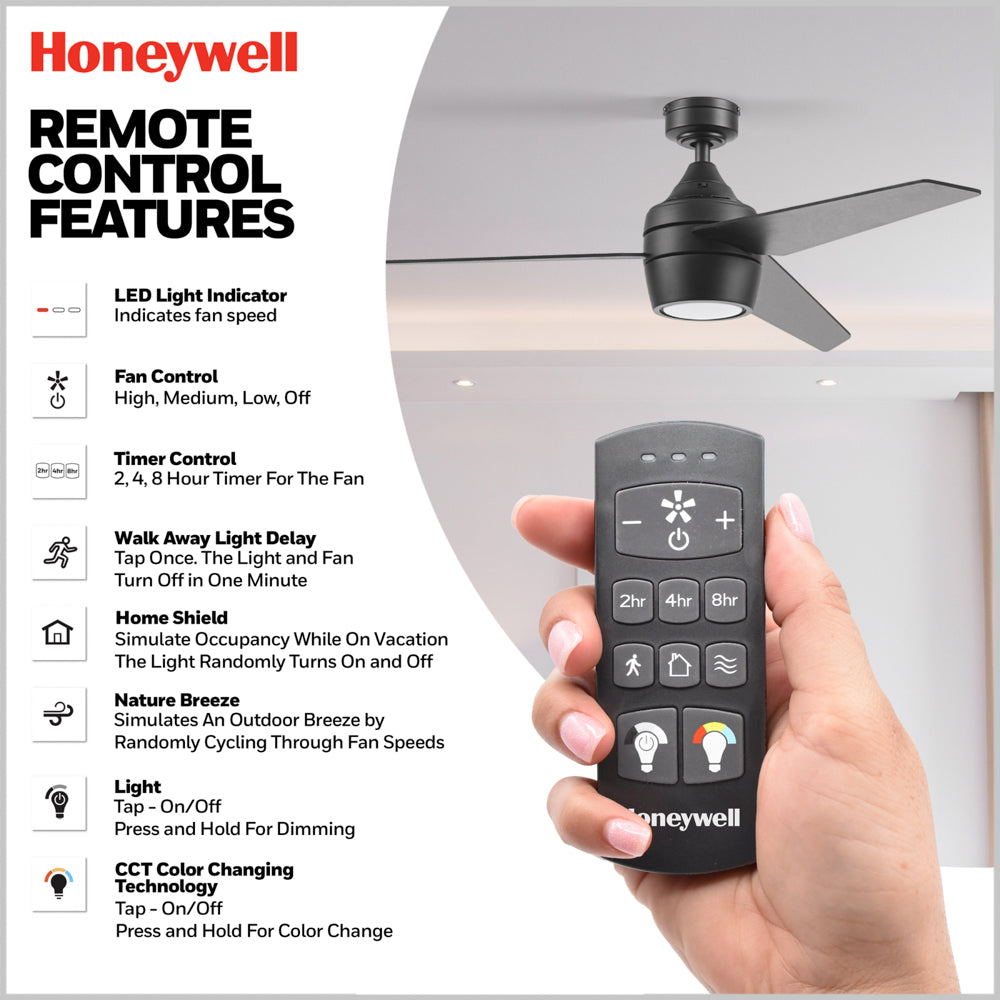 52 Inch Honeywell Eamon Matte Black Ceiling Fan with Light Kit and Remote Control - Quiet DC Motor, Energy Efficient, Perfect for Living Room, Bedroom, and Outdoor Covered Patio