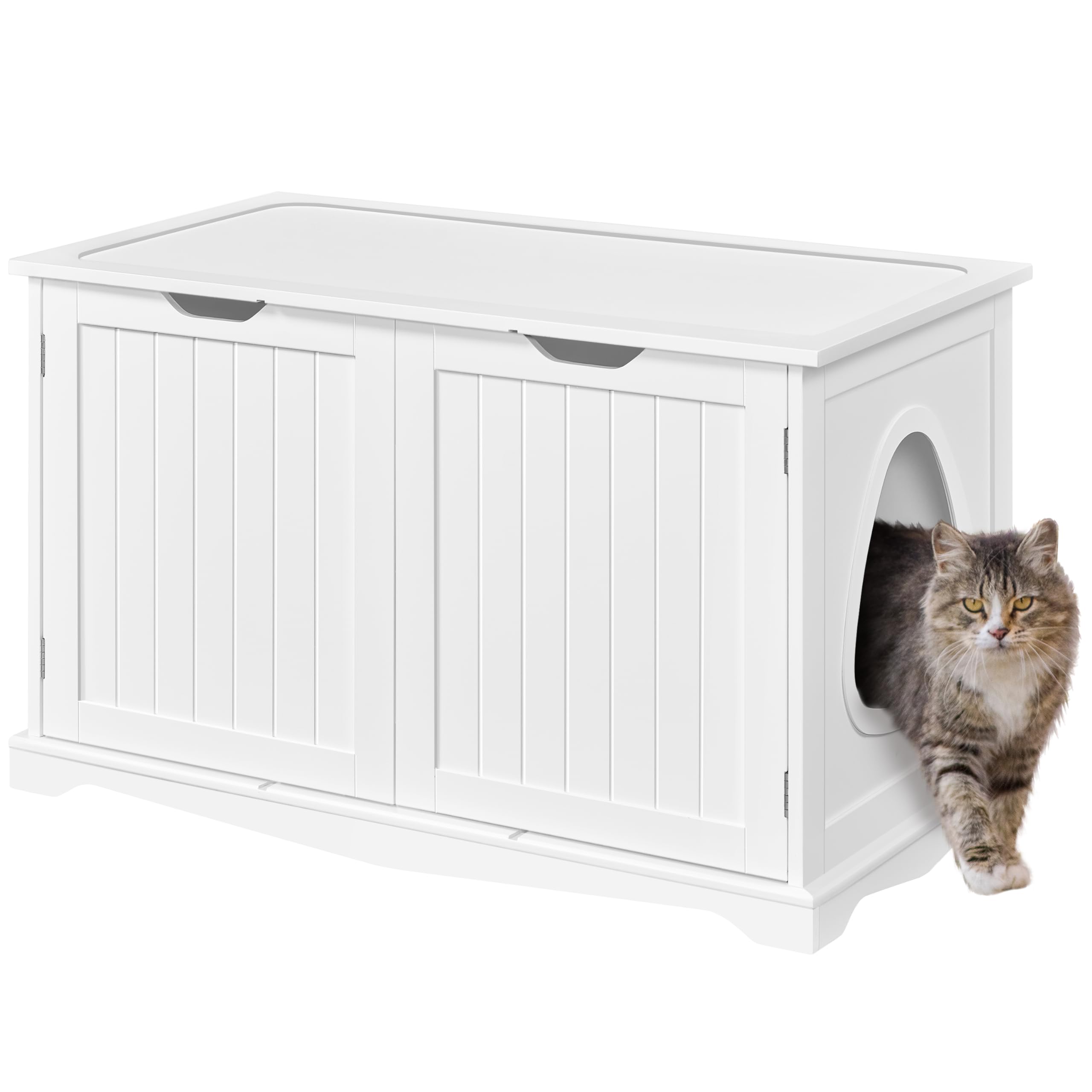 Yaheetech Wooden Cat Litter Box Enclosure Cabinet - Hidden Kitty Washroom Storage Bench with Divider, Indoor Cat House for Small Spaces - White | Perfect for Apartments, Living Rooms & Pet-Friendly Homes