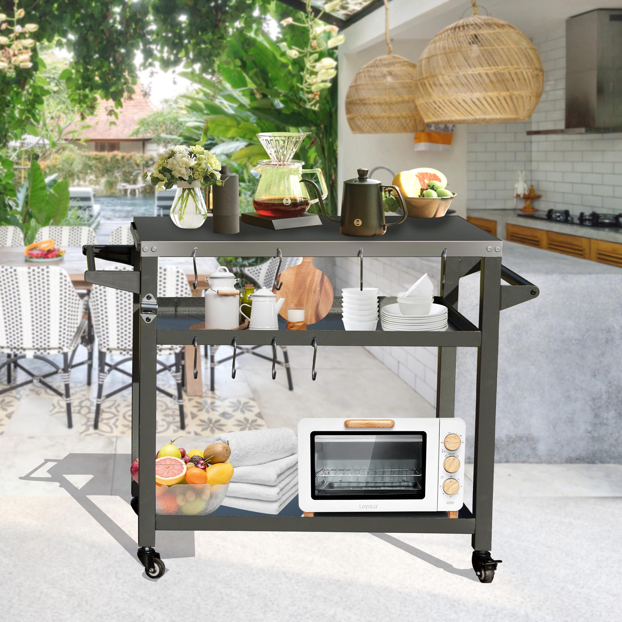 Domi 3-Tier Outdoor Grill Cart with Wheels - Stainless Steel Pizza Oven & Food Prep Station - Blackstone Griddle Stand for Backyard BBQ, Patio Cooking & Tailgating Parties