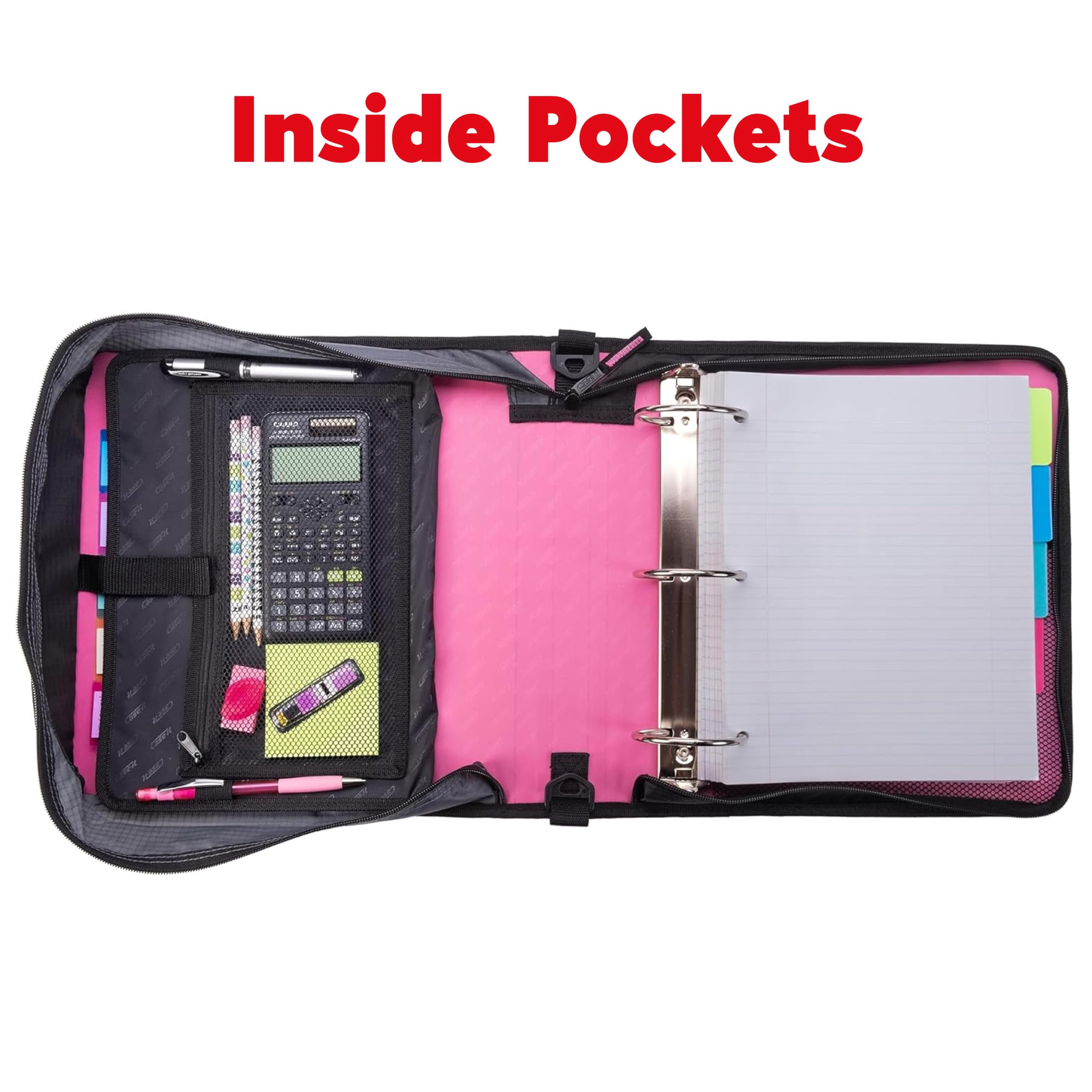 Case-it Mighty Zip Tab Zipper Binder 3 Inch - Light Pink Expanding File Organizer with 5 Color Tabs, Shoulder Strap & Handle - Perfect for School, Office & College Students Organization