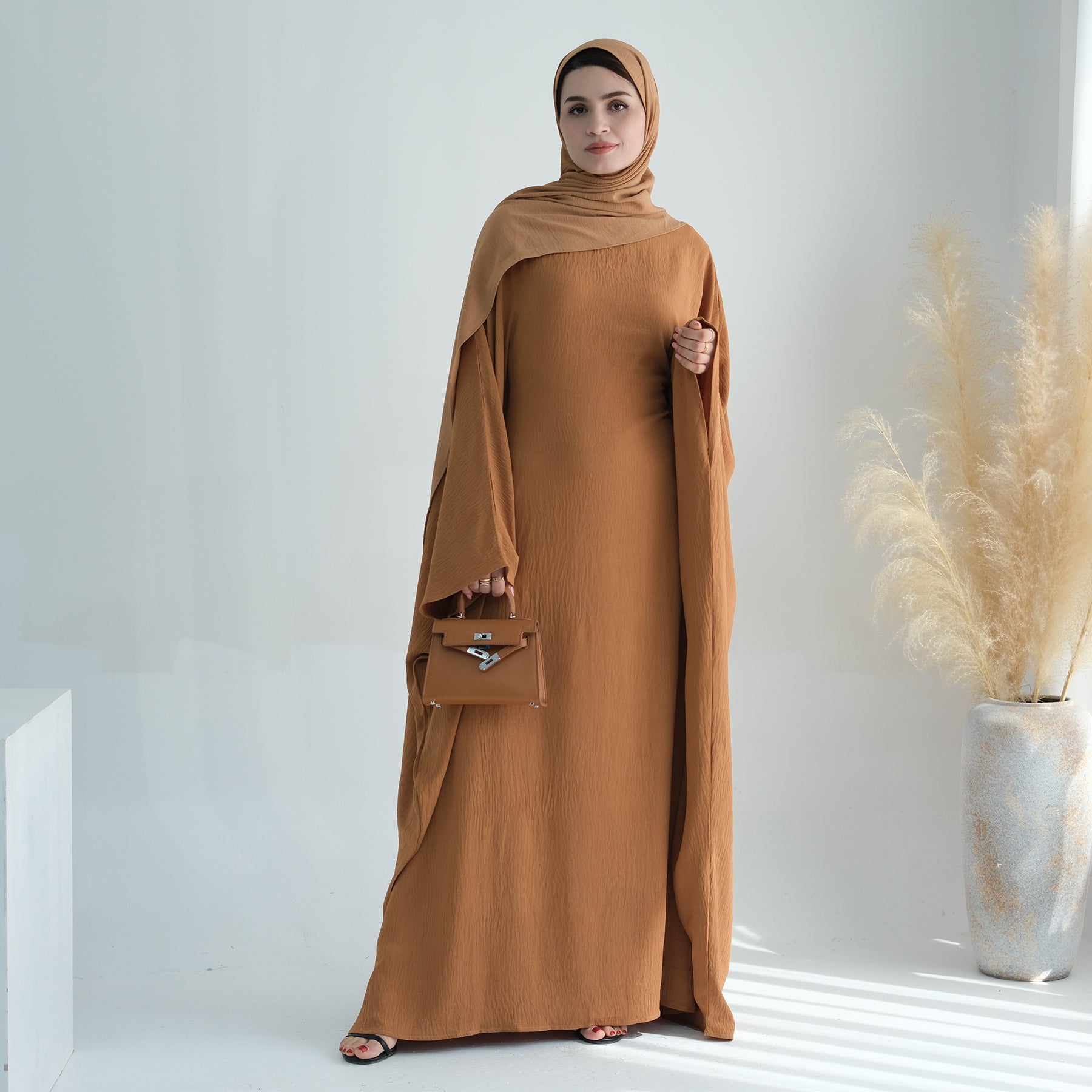 Naimah Textured Butterfly Abaya Mustard - Elegant Muslim Prayer Dress for Women | Perfect for Eid, Ramadan & Special Occasions