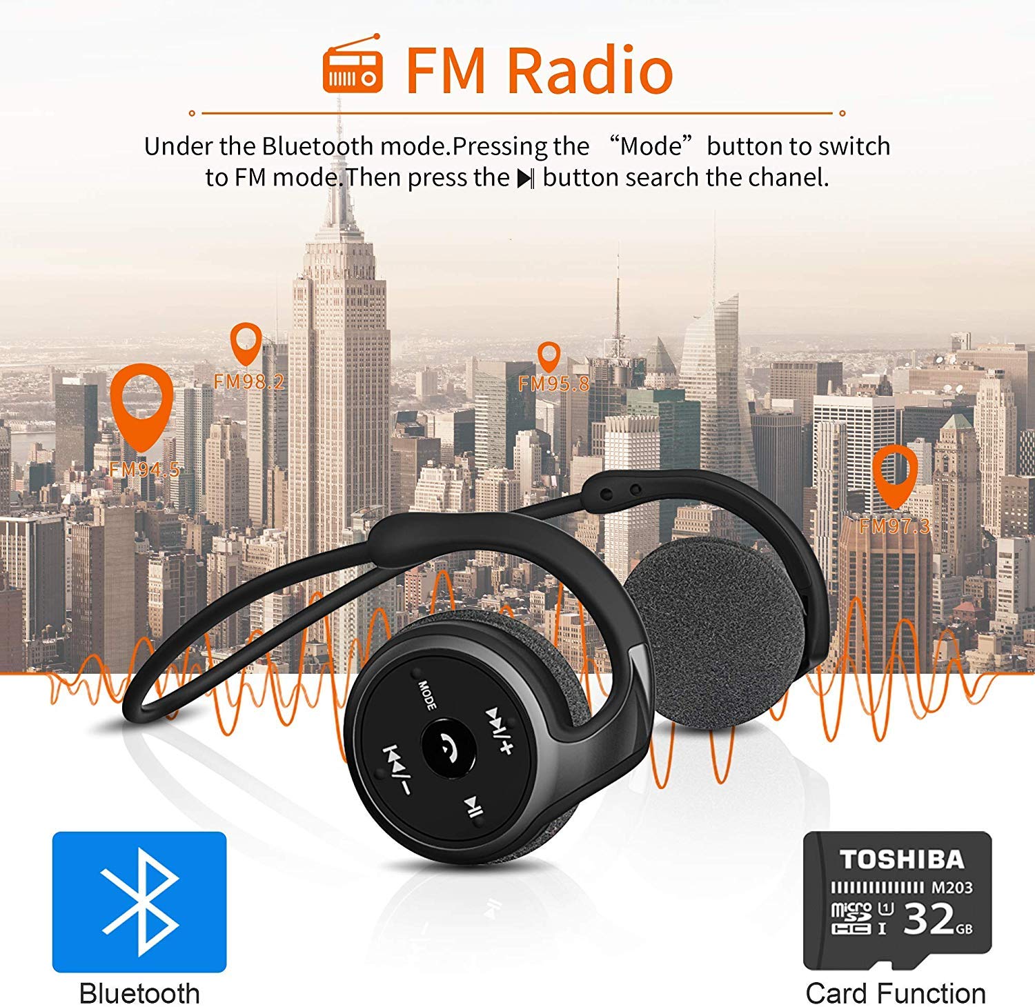 Wireless Bluetooth 5.0 Headphones with FM Radio, Sweatproof Sports Earbuds with Built-in Mic, Hands-Free Calling & TF Card Support, Lightweight Stereo Headset for iPhone & Android - Perfect for Running, Gym Workouts & Commuting