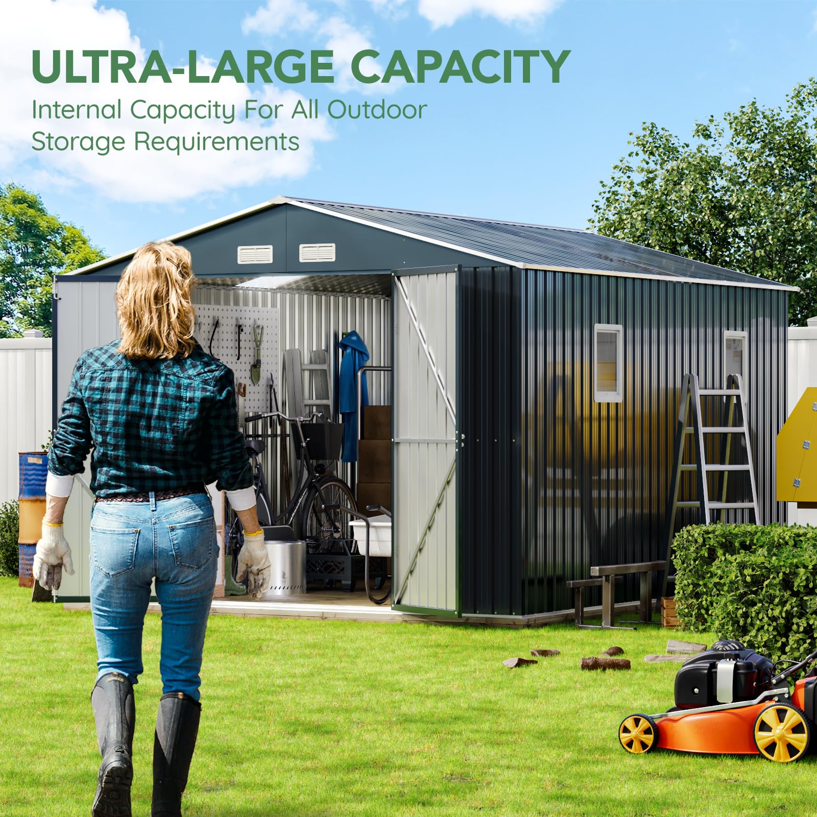 10x12x7.5 FT Outdoor Steel Storage Shed with Lockable Doors & 2 Windows - Durable Transparent Roof Panels for Garden, Patio, Backyard - Perfect for Storing Tools, Garbage Cans, Chicken Coops & Outdoor Equipment