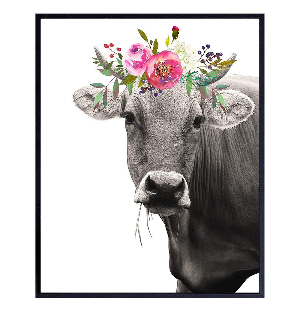 Farmhouse Cow Wall Art with Flowers - Rustic Home Decor for Bathroom, Bedroom, Kitchen, Dining & Living Room - Unframed Picture Poster - Perfect Gift for Women & Farmhouse Lovers - Ideal for Country Style Home Decor