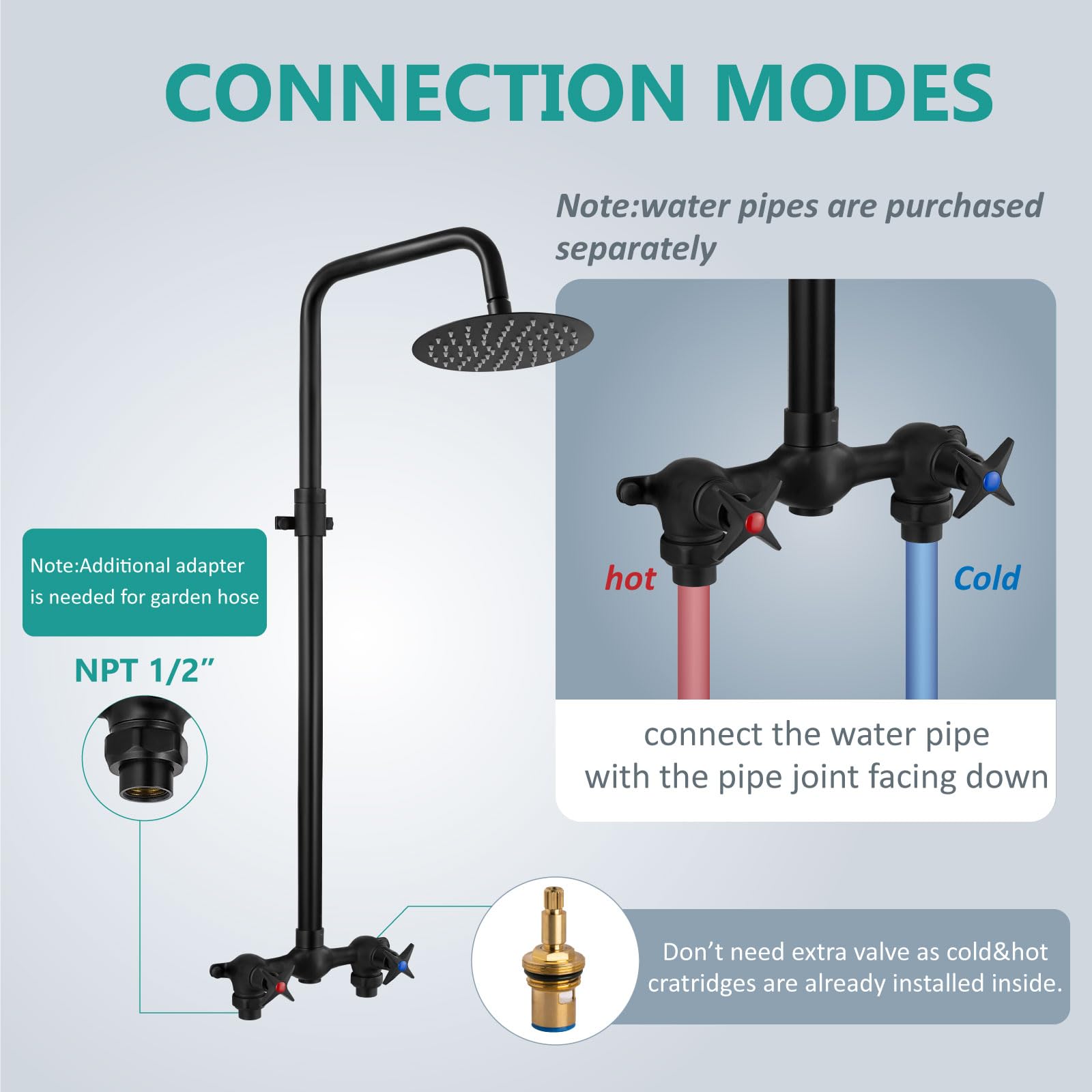 Aolemi Outdoor Shower Kit - 8 Inch Rainfall Shower Head with Double Handle - Adjustable Height Matte Black - Perfect for Poolside, Garden, Camping & Beach Use