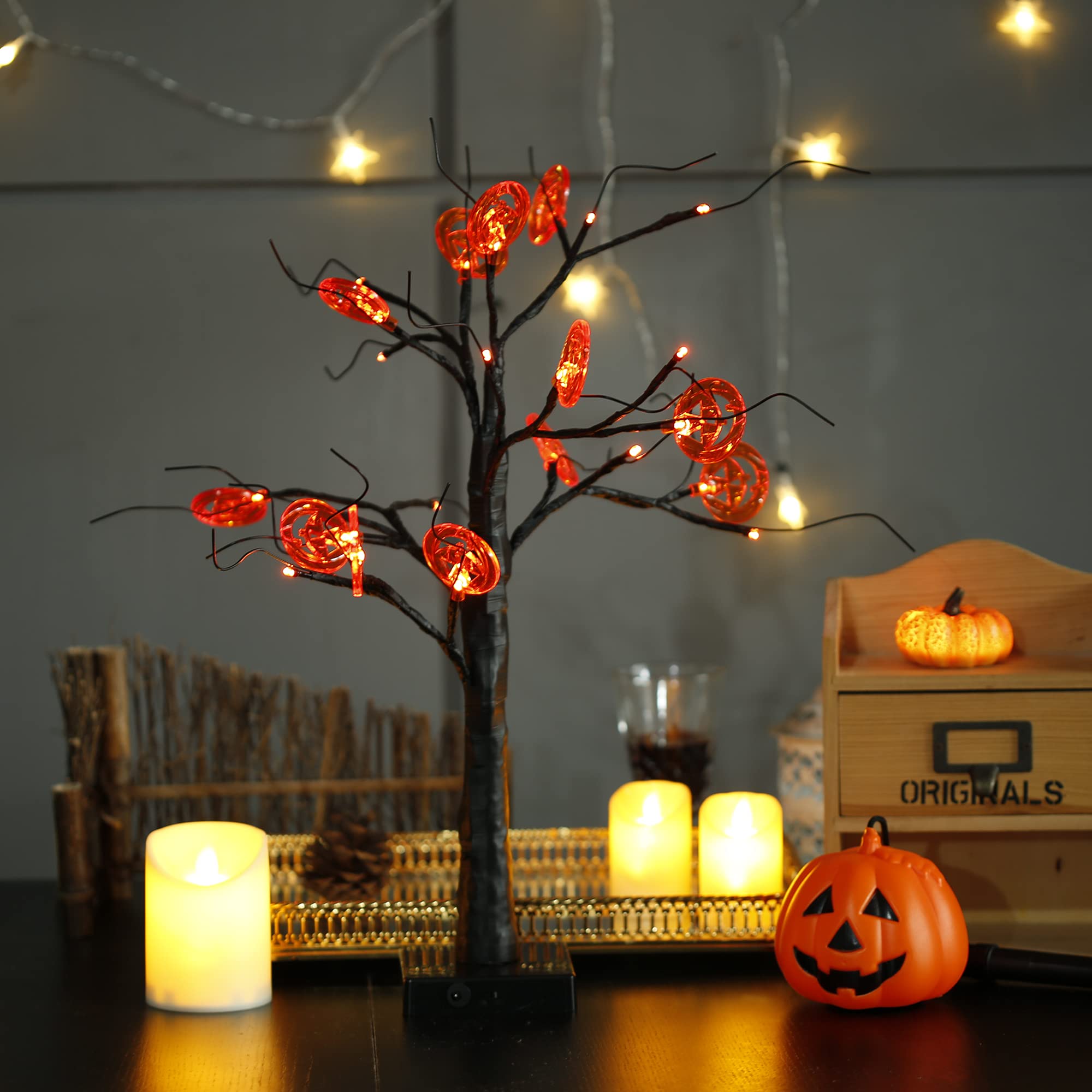 Orange Halloween Lights - 24 LED Spooky Artificial Bonsai Tree with 12 Pumpkin Decorations (2 Feet) - USB/Battery Powered for Indoor/Outdoor Halloween Party Decor