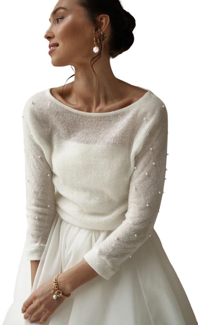 Elegant Bridal Wool Sweater with Pearl Embellishments - Bohemian Style Wedding Cardigan for Brides | Warm Wool Pullover for Wedding Dress & Winter Bridal Outfits (Size M)