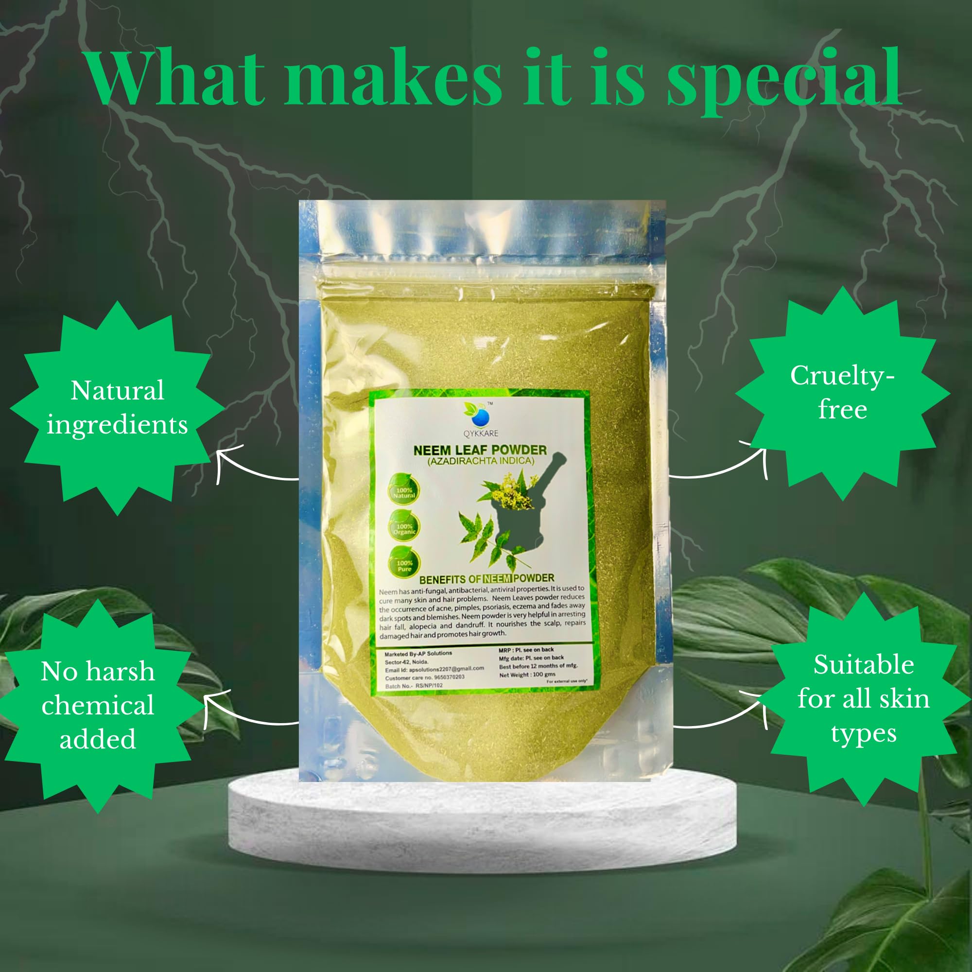 QYKKARE Pure Natural Premium Neem Leaf Powder (Azadirachta indica) - 200g for Hair, Skin & Face Care | Organic Ayurvedic Treatment for Acne, Dandruff & Glowing Skin | DIY Face Mask & Hair Pack