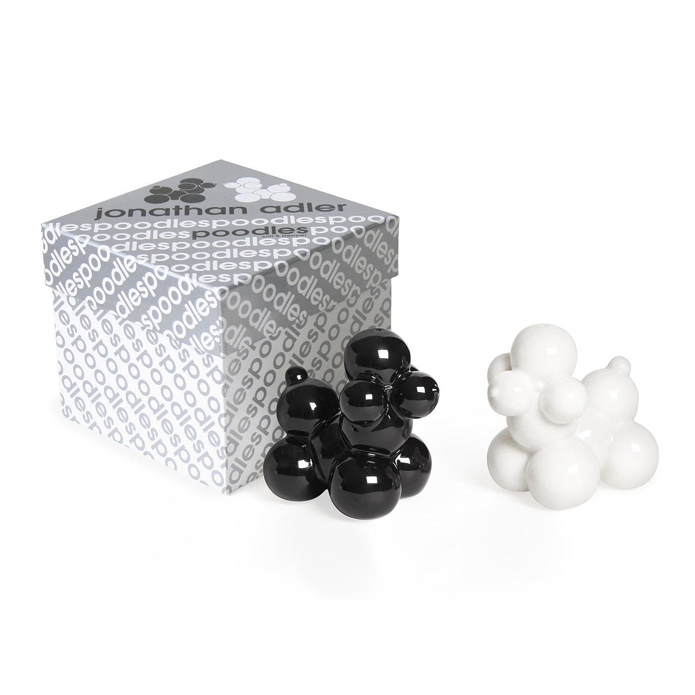 Jonathan Adler Black and White Poodles Salt & Pepper Shakers Set - Stylish Ceramic Condiment Dispensers for Dining Table, Kitchen Decor, and Gift Giving