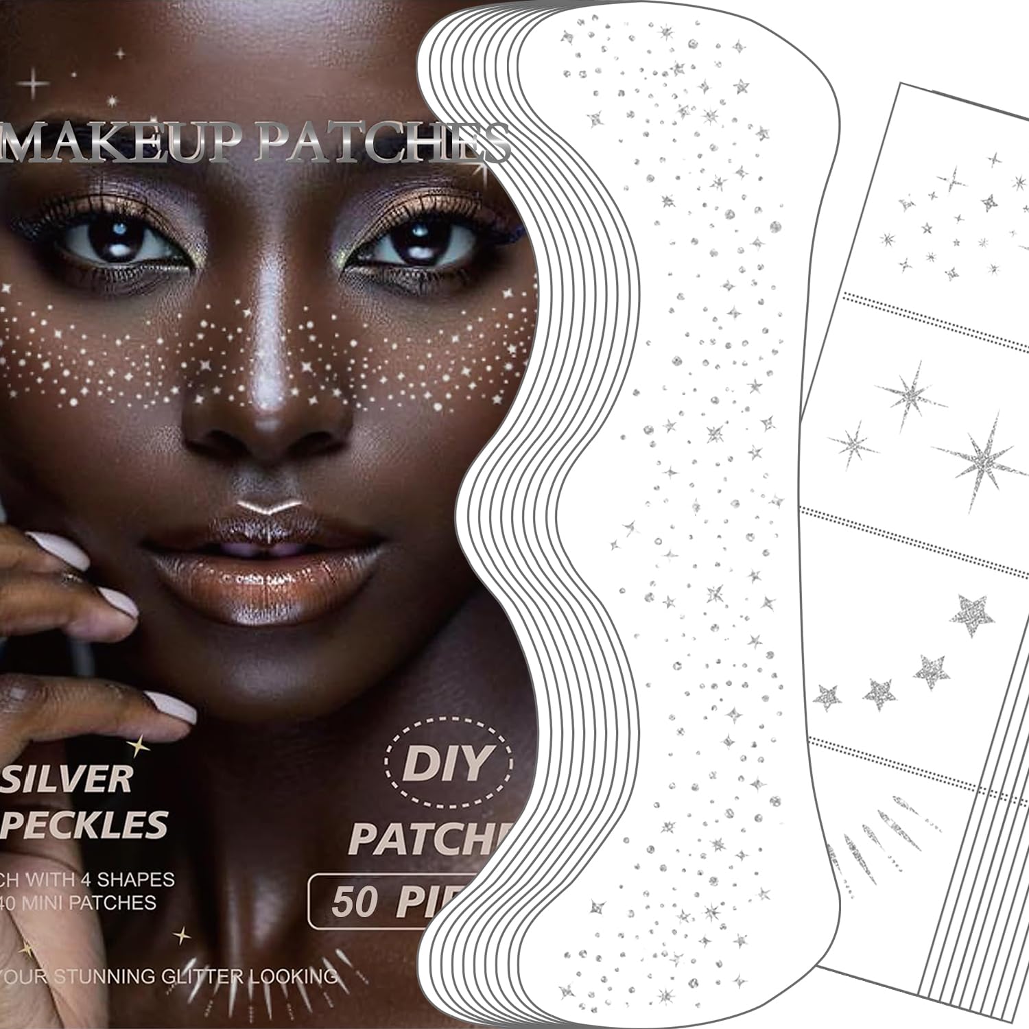 50 Pcs Silver Glitter Freckles Face Tattoos | Sparkle Makeup Patches & Face Glitter Speckles | Waterproof Cosmetic Glitter for Women & Girls | Perfect for Parties, Festivals, Halloween & Cosplay