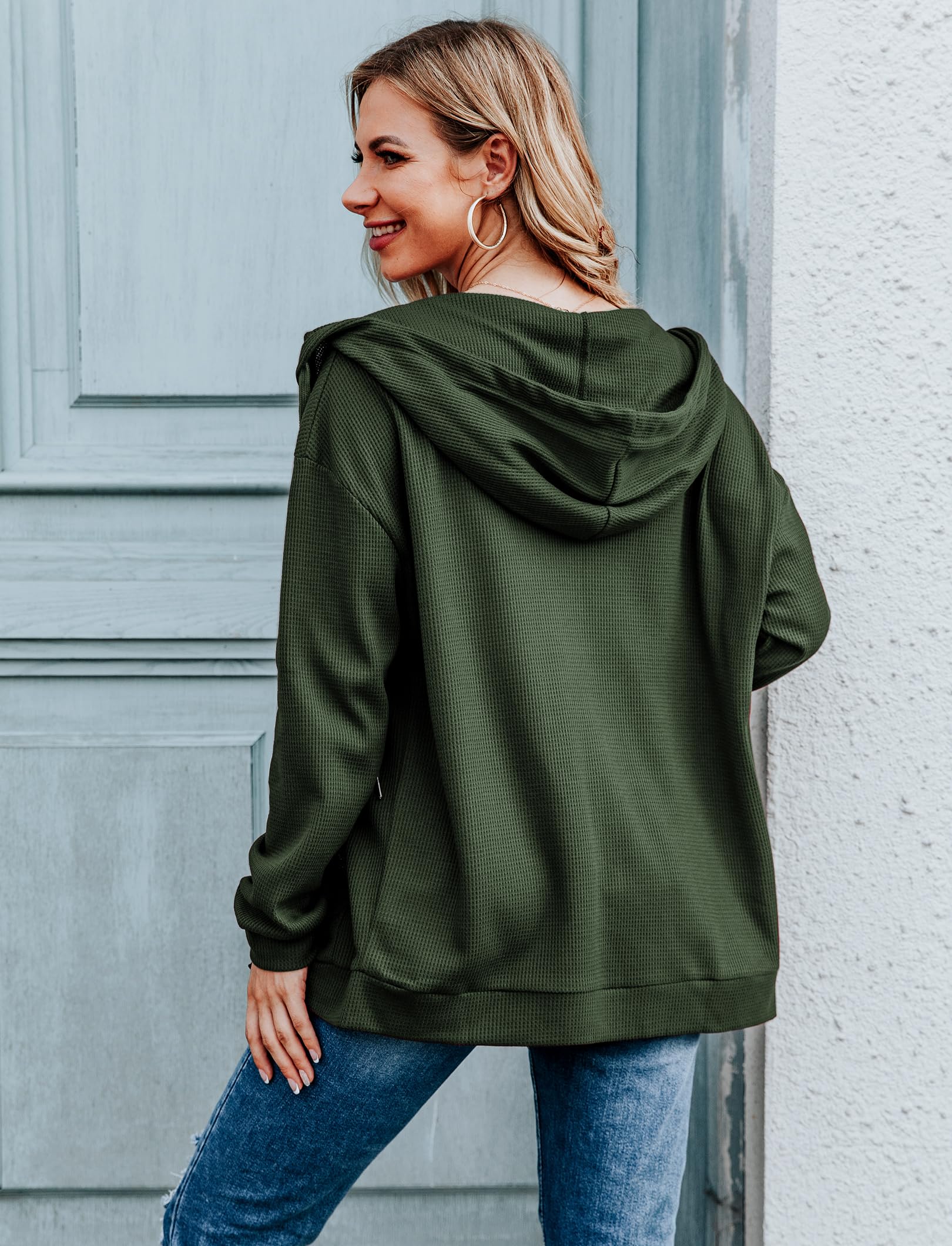 Cowasto Women's Waffle Knit Zip Up Hoodie - Casual Long Sleeve Drawstring Jacket with Hood - Perfect for Fall Layering, Lounge Wear & Outdoor Activities