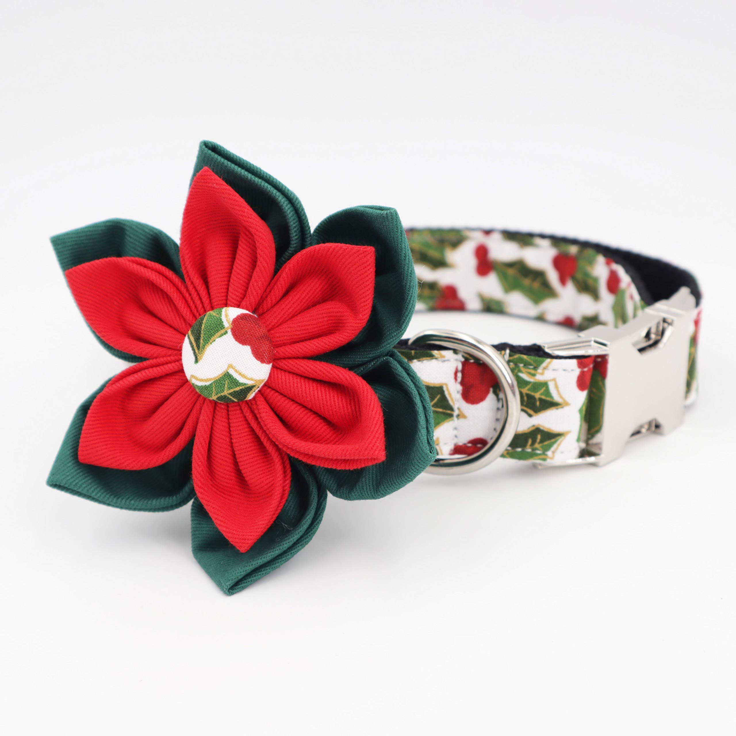 Christmas Dog Collar with Flower - Adjustable Pet Collar for Small to Medium Dogs, Perfect Holiday Gift for Girl Puppies - Great for Christmas Photos & Holiday Parties
