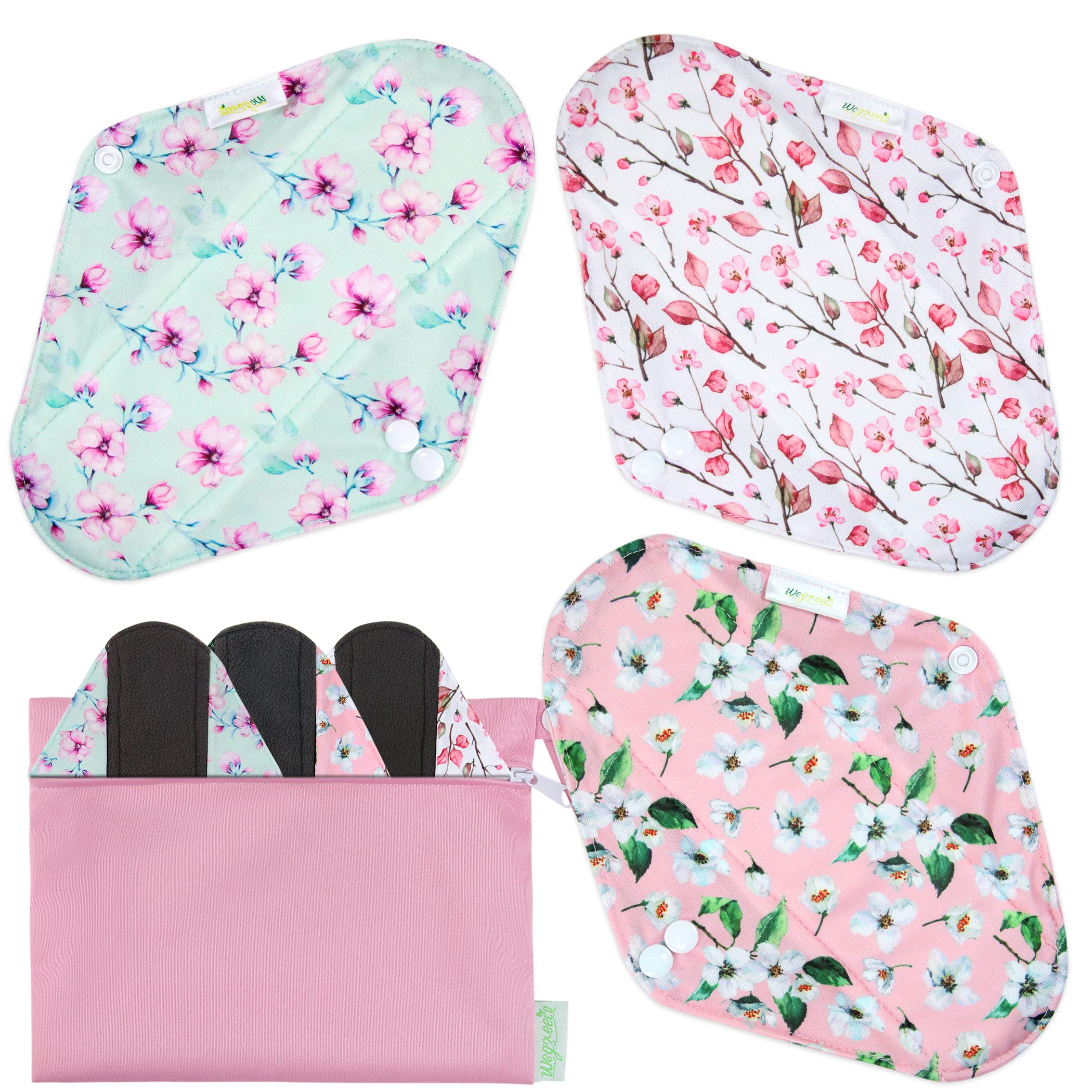 Wegreeco Reusable Menstrual Pads - 6 Pack Soft Cloth Sanitary Pads with 1 Mini Wet Bag (Size S, Cherry Blossom) | Eco-Friendly Period Pads for Women | Comfortable for Daily Use, Travel & Active Lifestyle