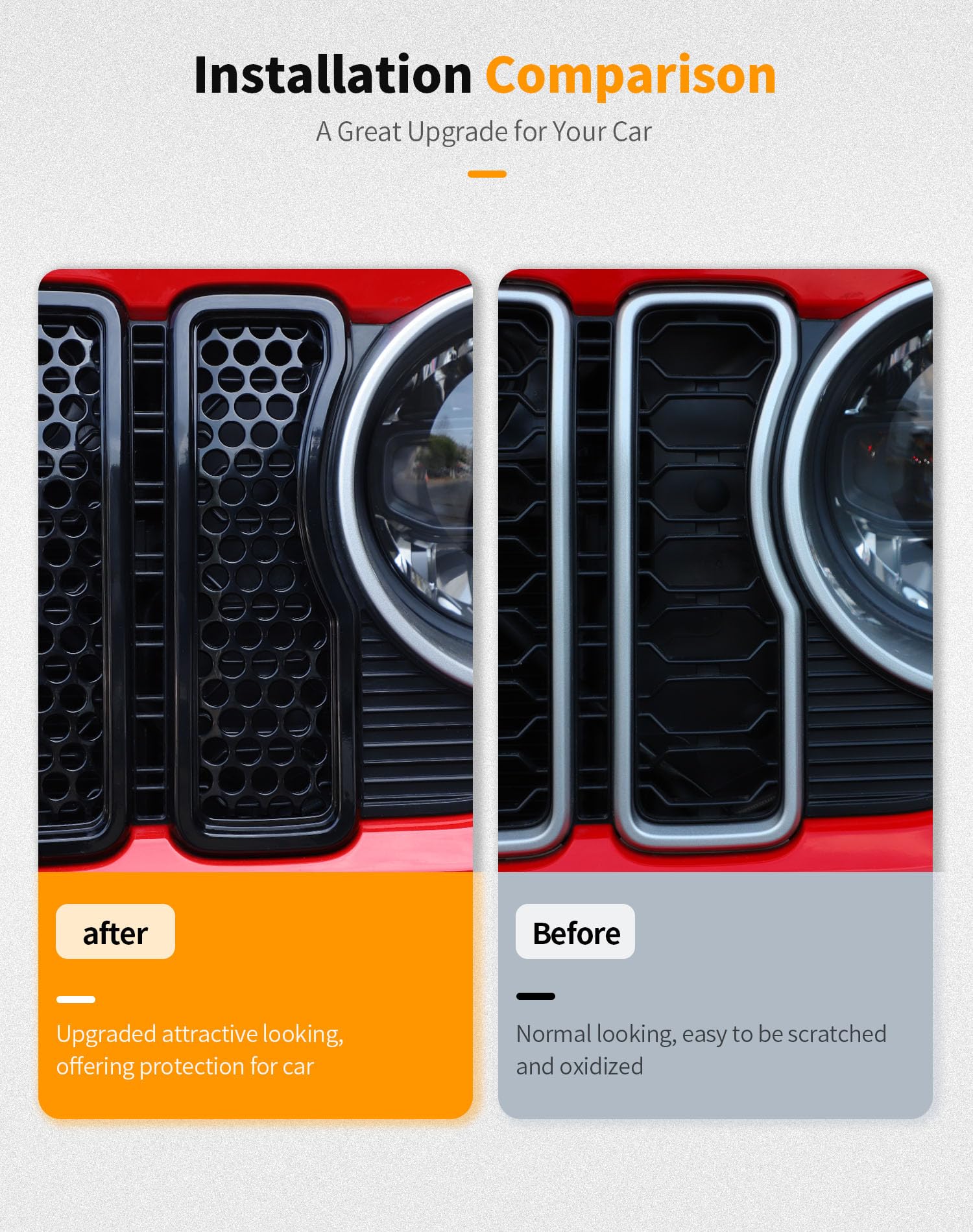 Hoolcar Black Front Grill Insert Cover Trim Kit - Honeycomb Grille Guard with Camera Hole for 2024 Jeep Wrangler JL & JLU (7-Piece Set) | Exterior Accessories for Off-Road Protection & Style Upgrade