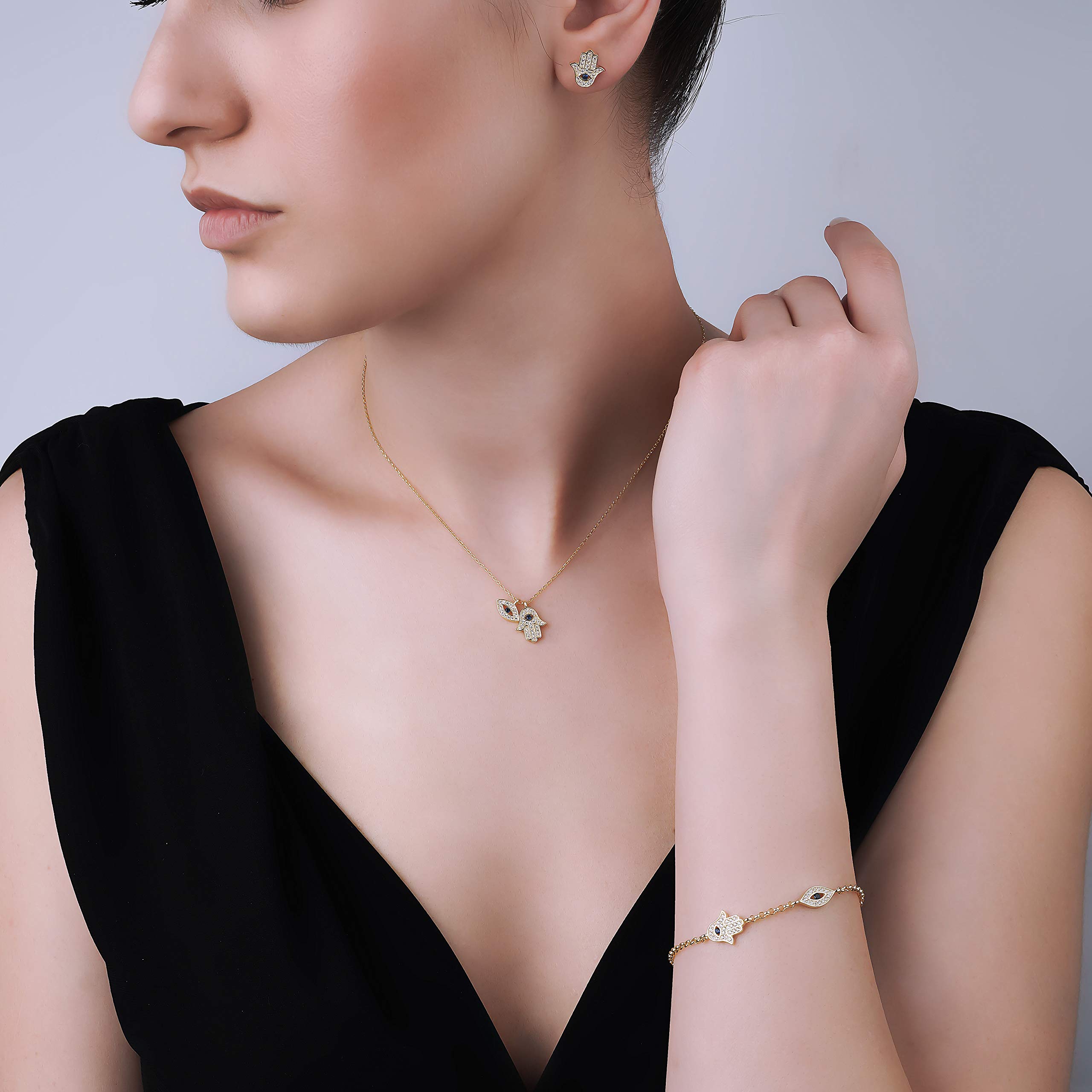 18K Gold Plated 925 Sterling Silver Jewelry Set with Zirconia - Handmade in Istanbul | Protection Pendant, Earrings, Bracelet & Choker Necklace for Women | Elegant Gift Box Included | Perfect for Weddings, Anniversaries & Special Occasions