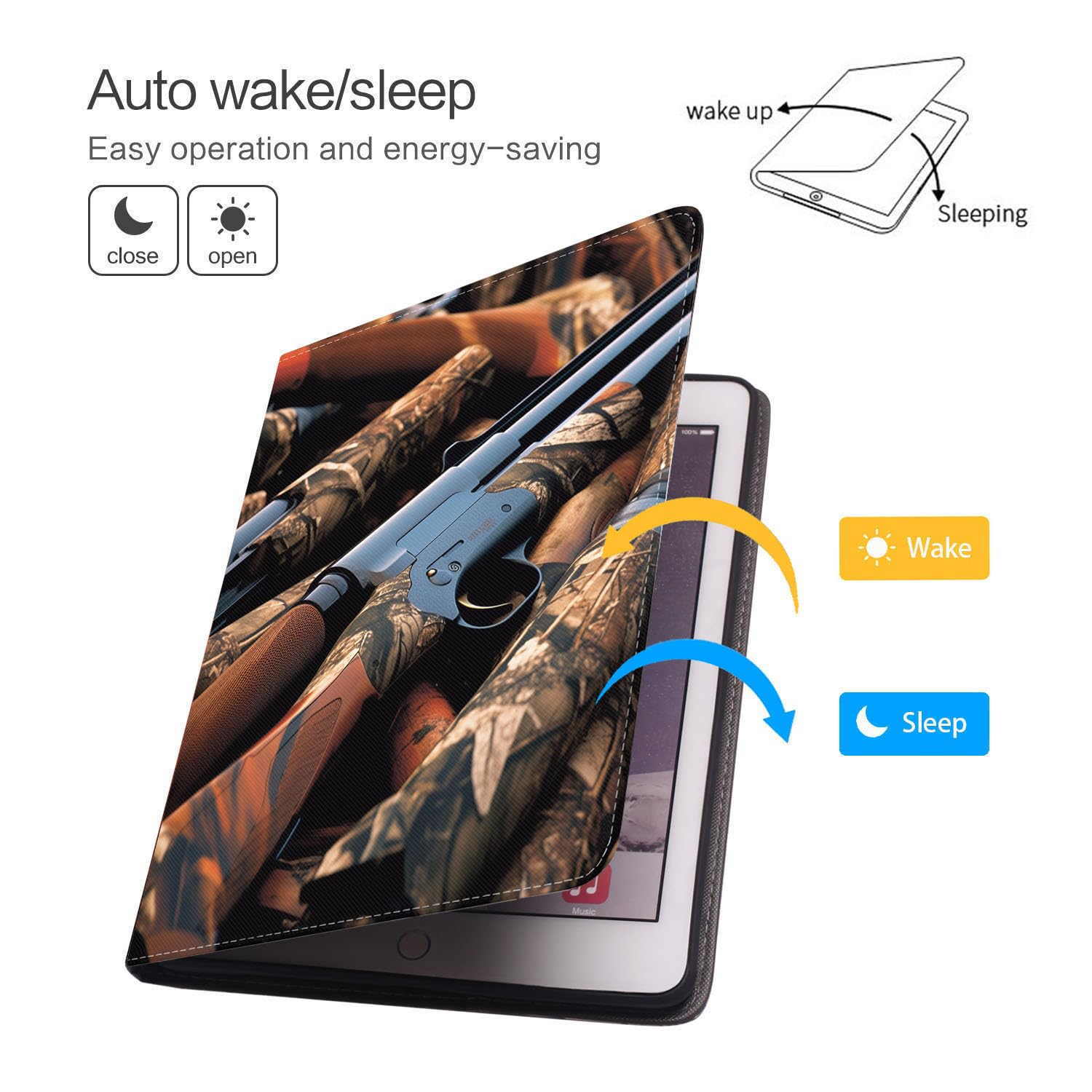 Premium Leather Protective Case for iPad 9.7 (2017/2018), iPad Air 2, iPad Air & iPad Pro 9.7 with Auto Wake/Sleep | Adjustable Stand | Duck Hunting Camouflage Design - Perfect for Work, Travel & Outdoor Adventures
