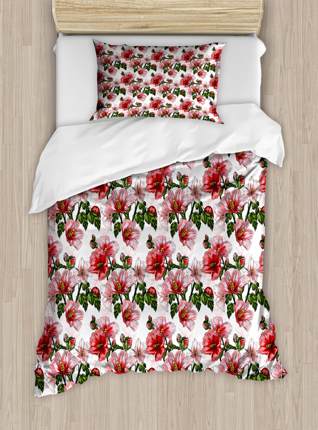 Ambesonne Ladybugs Duvet Cover Set - Exotic Floral Hibiscus Hawaiian Botanical Print Spring Blossom Bedding - 2 Duvet Covers & 4 Pillowcases - 2 Pack California King Size - Red Coral Green - Perfect for Tropical Themed Bedrooms, Guest Rooms & Vacation Homes