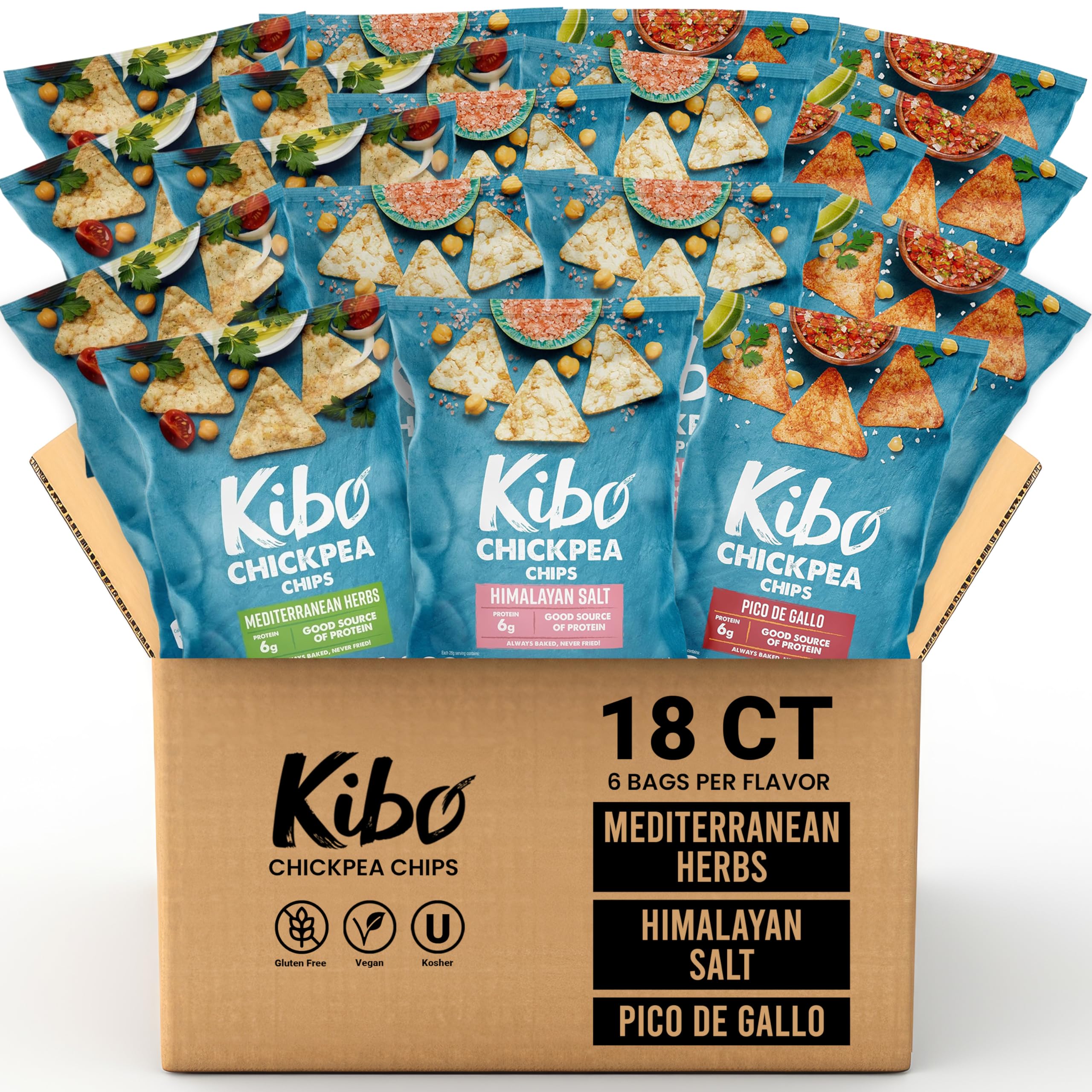 Kibo Chickpea Chips 3 Flavor Variety Pack - High Protein & Fiber, Gluten-Free, Vegan Snacks, Non-GMO, Plant-Based, Made with Real Vegetables - 1oz Bags (18 Pack) | Healthy On-The-Go Snacking, Office Lunch, School Treats & Road Trips