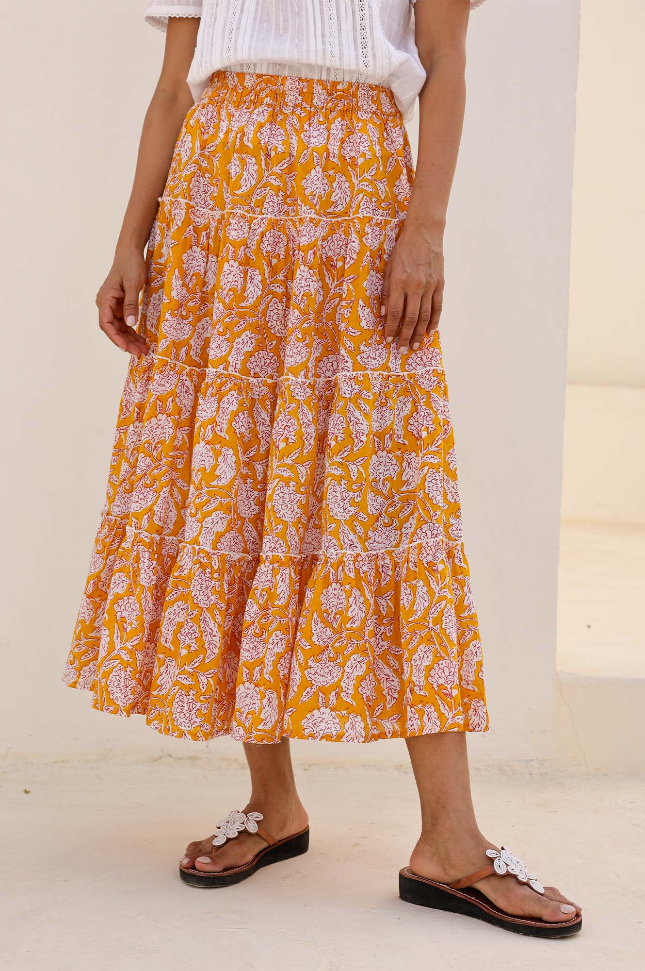 One Size Floral Print Skirt - Dianthus Yellow & White | Women's Summer Skirt for Beach, Vacation & Casual Outfits