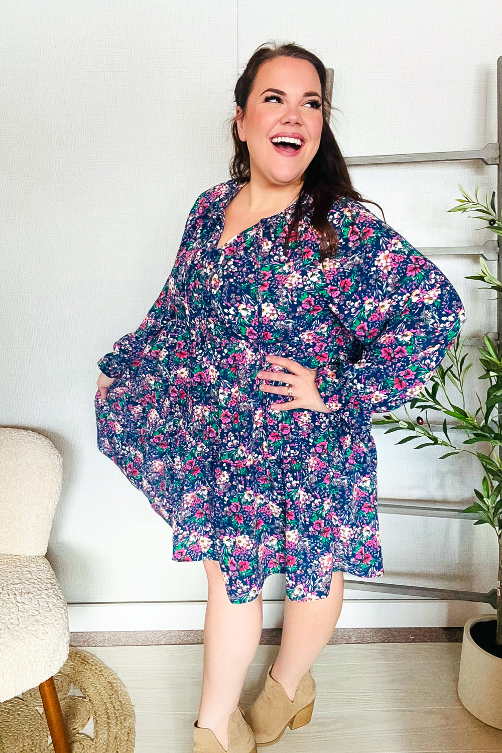 Joyful Navy Floral Bow Tie Babydoll Long Ruffle Sleeve Dress for Women - Elegant Party, Wedding Guest & Special Occasion Outfit