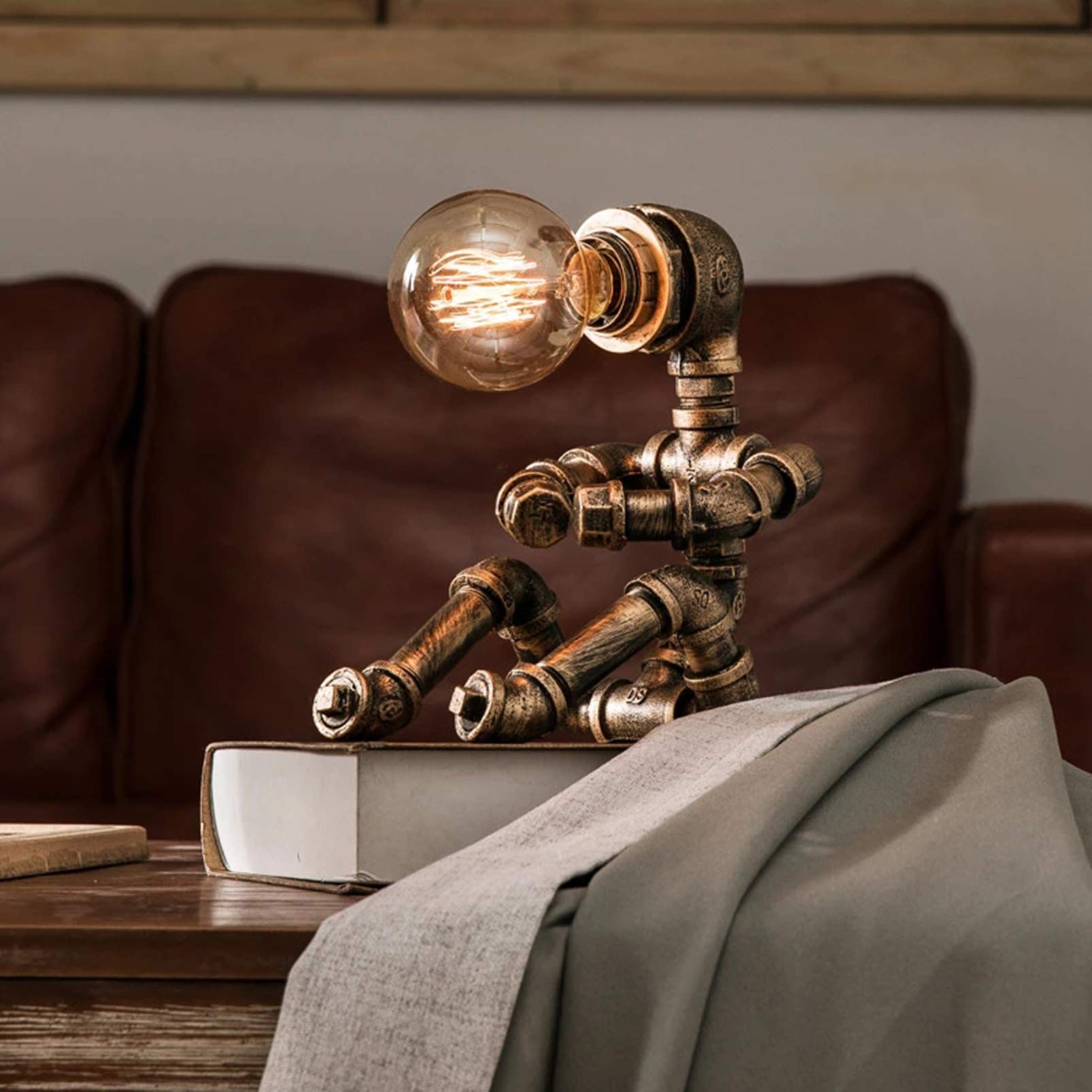 Vintage Industrial Desk Lamp - Retro Robot Night Light for Bedroom, Bar & Restaurant - Creative Water Pipe Design with Button Switch - Perfect for Home Office, Study & Reading