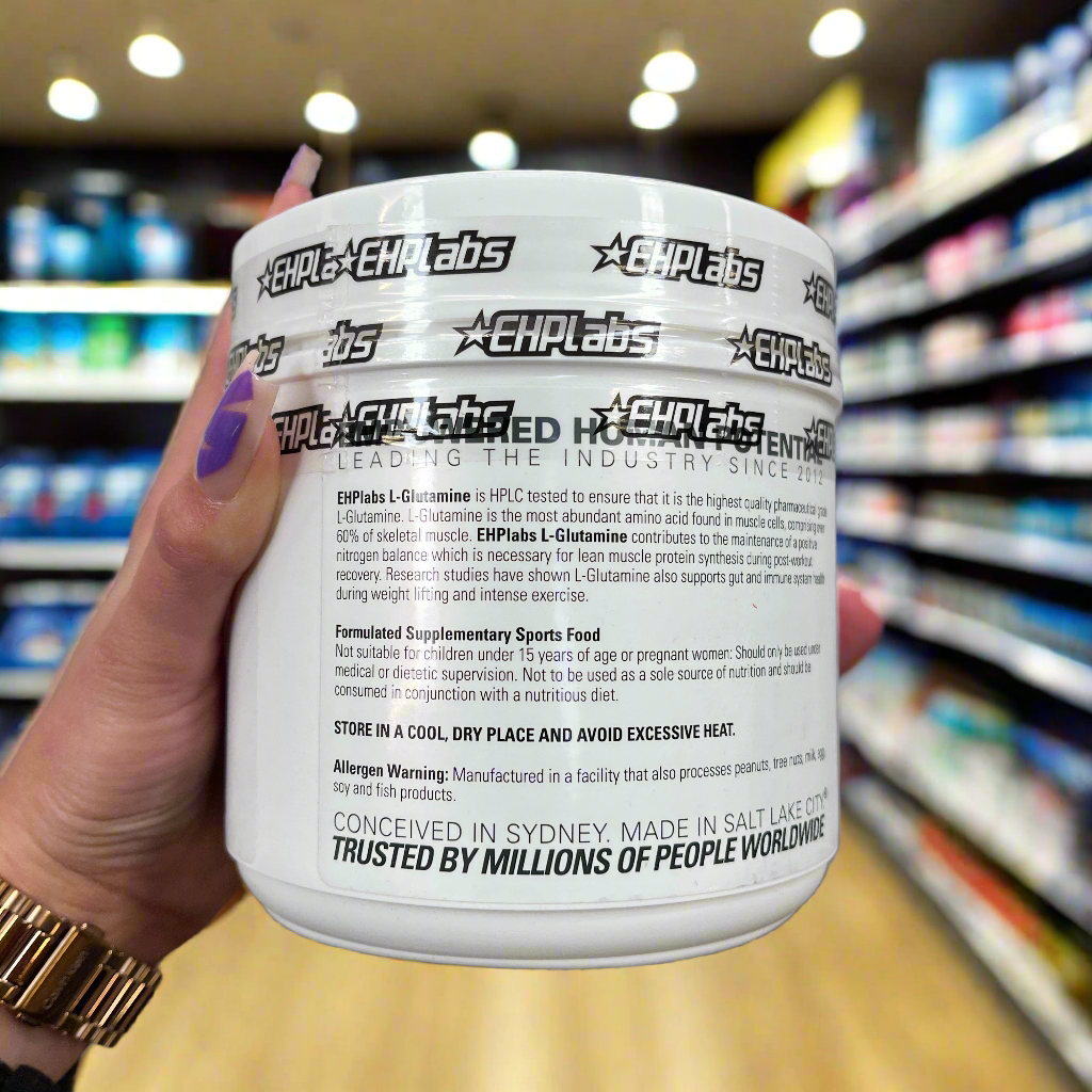 EHP Labs Glutamine Powder 500g (100 Servings) - Unflavored Muscle Recovery Supplement for Athletes & Fitness Enthusiasts - Post-Workout & Training Support