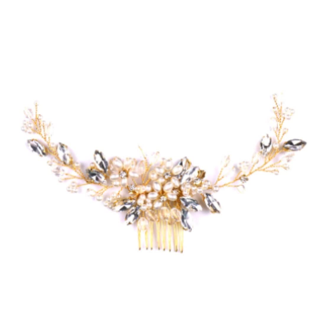 Elegant Crystal Rhinestone Pearl Bridal Hair Comb for Women - Gold & Blue Wedding Hair Jewelry Side Comb - Perfect for Bridal, Prom, Evening Gala & Special Occasions