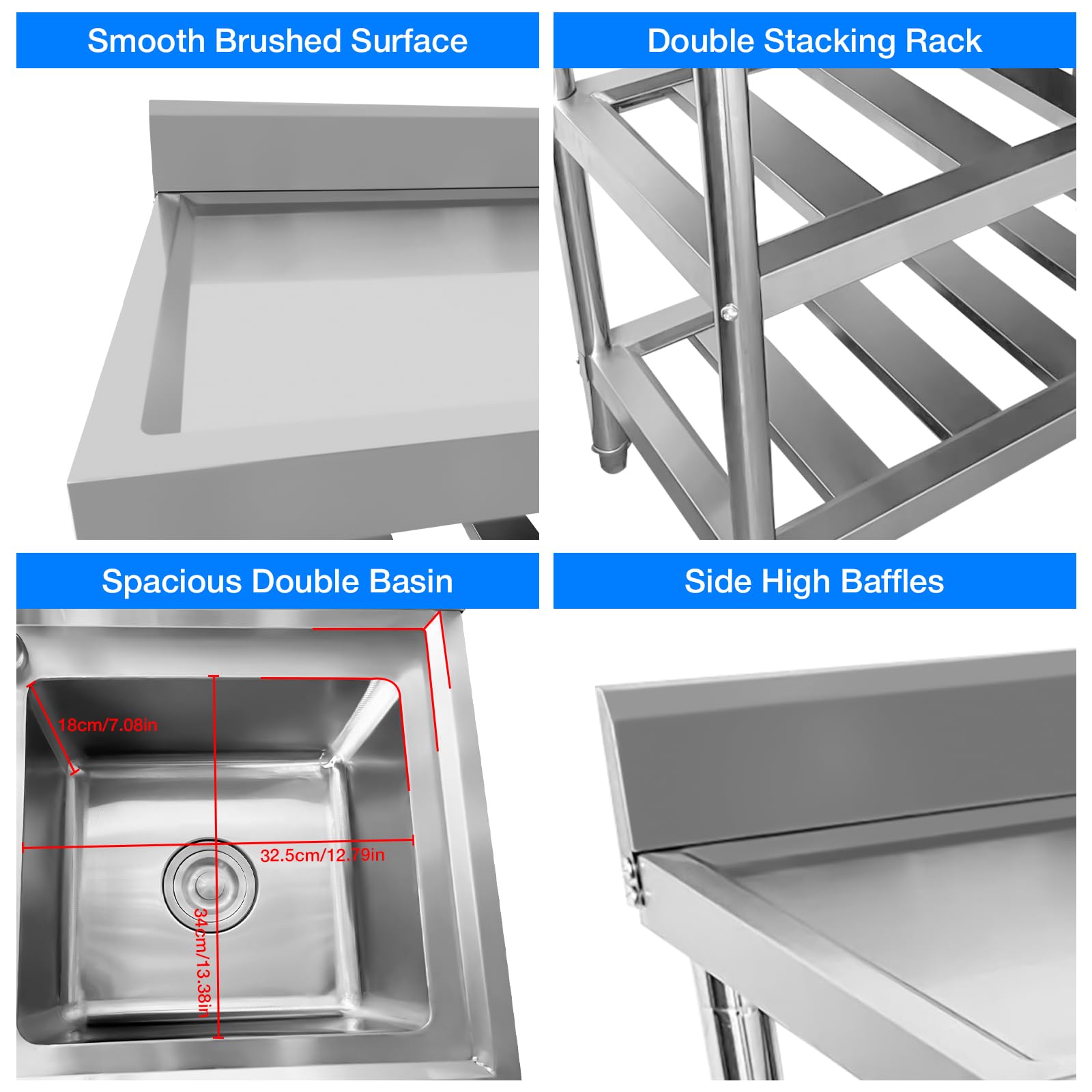 Premium 304 Stainless Steel 2-Compartment Utility Sink with Pull-Out Faucet - Heavy Duty Commercial Kitchen Sink for Restaurants, Outdoor Use & Workbench Installation (47 Inch) - Perfect for Food Prep, Dishwashing & Industrial Cleaning