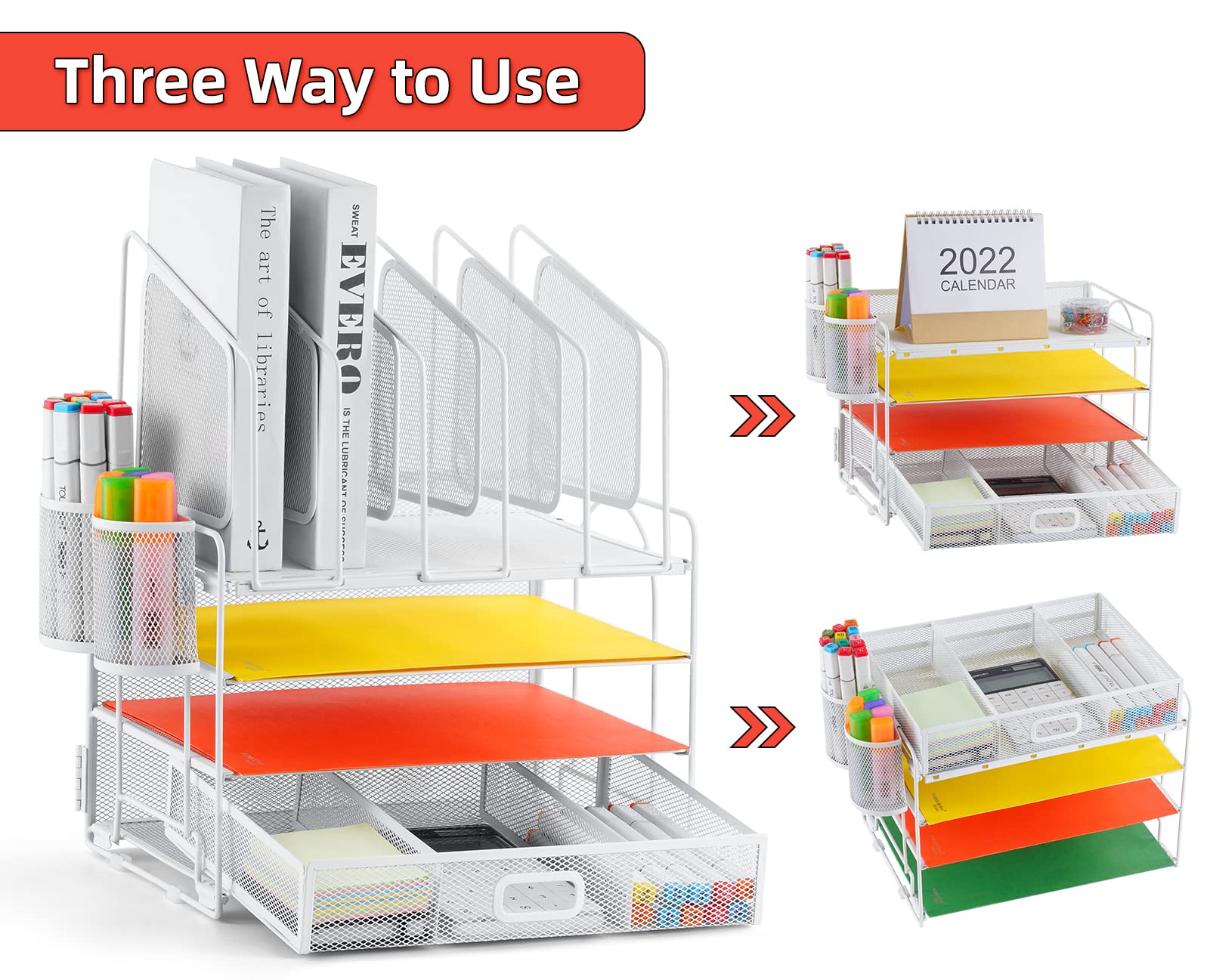 4-Tier Mesh Desk File Organizer with 5 Vertical File Holders & 2 Pen Holders - Multifunctional White Office Desk Organizer for Home & Workspace - Perfect for Paper Storage, Document Management & Office Supplies Organization