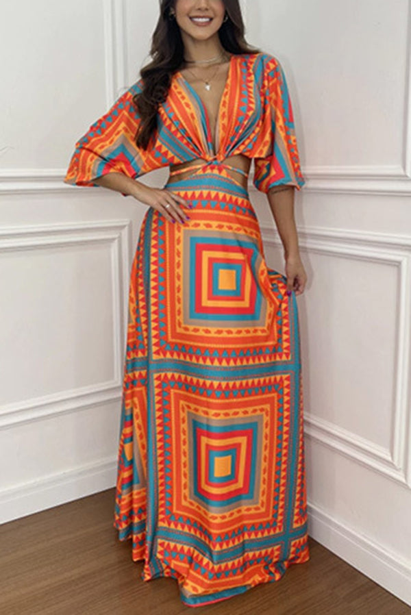 Wilma Unique Print Cutout Elastic Waist Tie Up Kimono Sleeve Maxi Dress - Women's Flowy Summer Beach Cover Up Dress for Vacation, Party & Boho Fashion