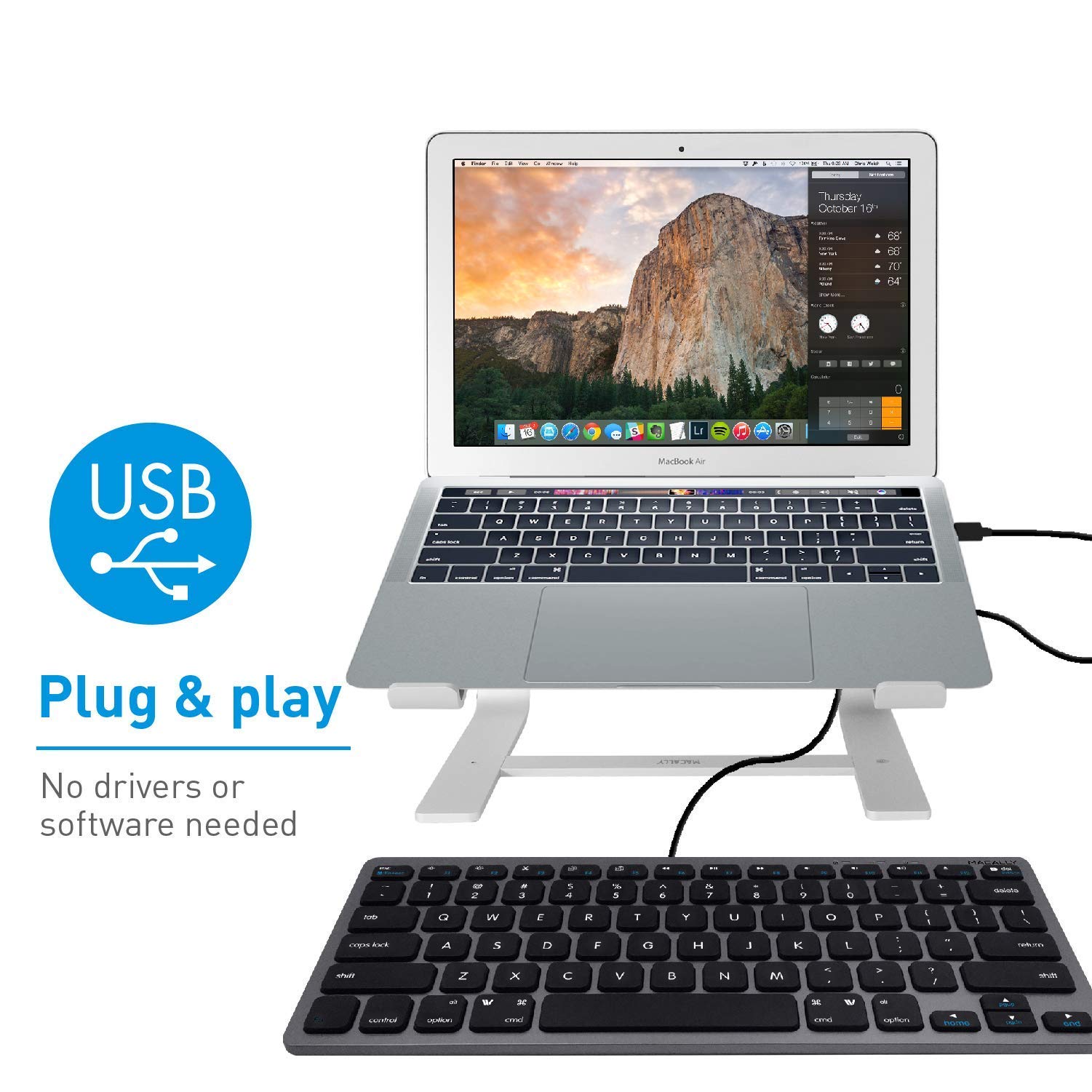 Macally Mini Space Grey Bluetooth Keyboard & Adjustable Vertical Laptop Stand Set - Premium MacBook Accessories for Home Office, Workstation & Travel Use