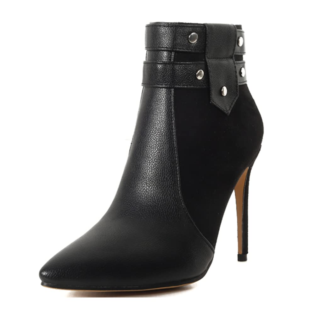 TENGNUO Women's Side Zip Ankle Boots - Black High Heel Pointed Toe Riding Boots for Work, Party & Night Out