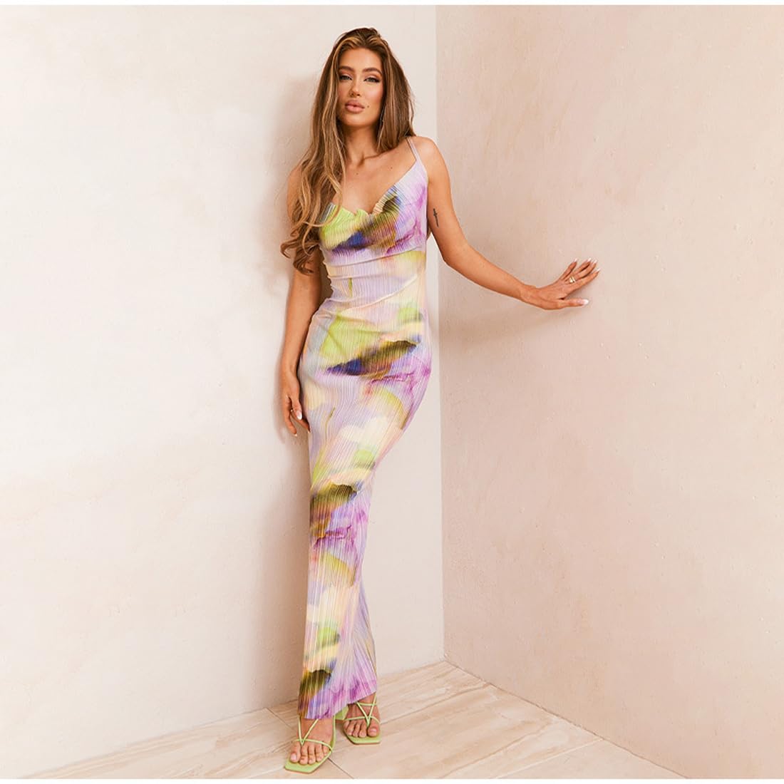 Elegant Cowl Neck Maxi Dress with Sexy Strap Shoulder & Pleated Detail - Women's Summer Wedding Guest Dress for Beach Parties & Evening Events