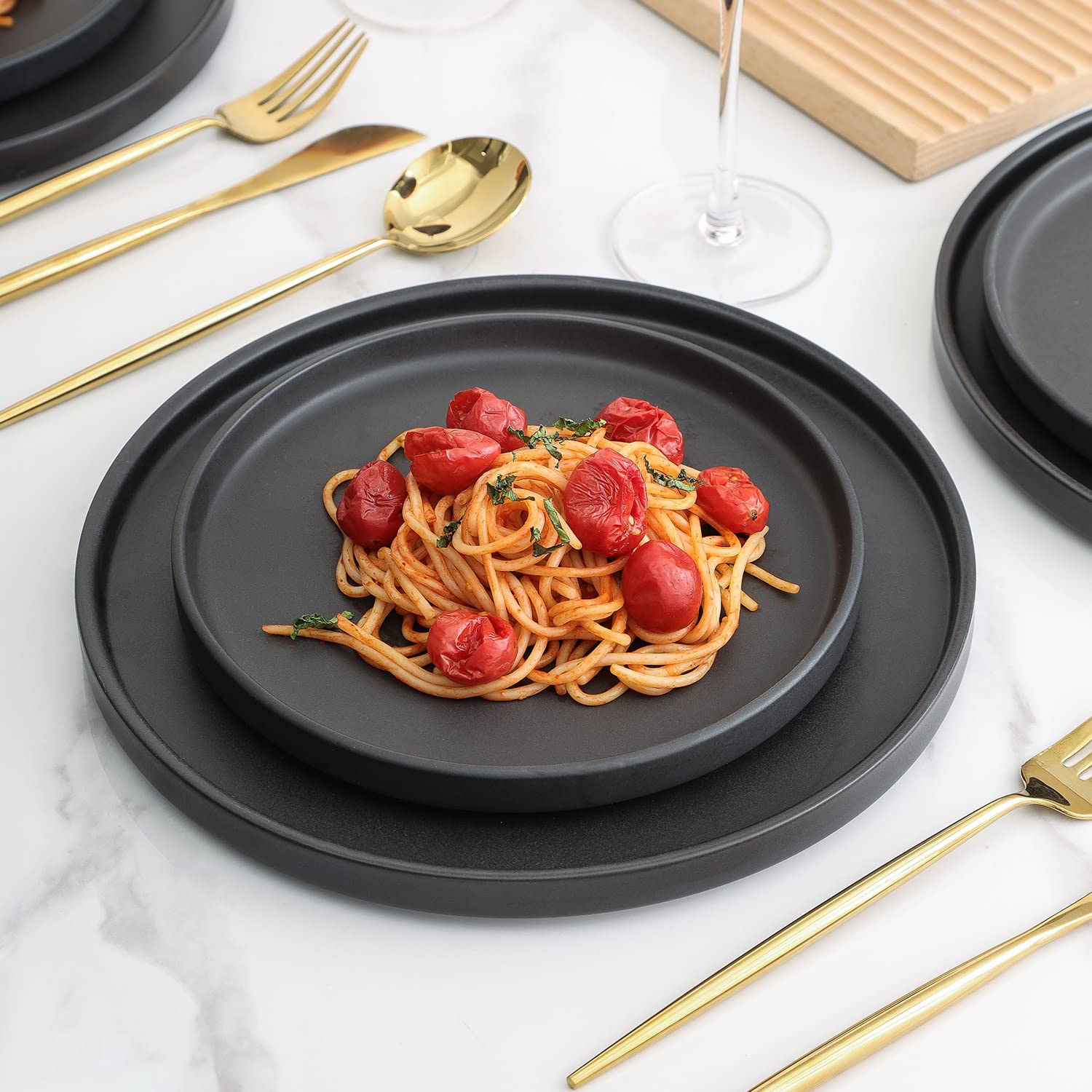 32-Piece Stoneware Dinnerware Set - Stone Lain Coupe Celina Service for 8, Black Matte Plates & Bowls, Dishwasher & Microwave Safe - Perfect for Family Dinners, Entertaining Guests & Everyday Use