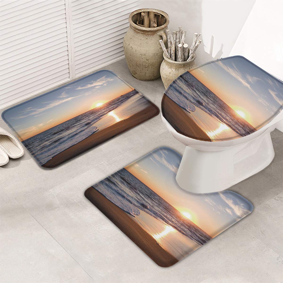 Luxury 3-Piece Bath Mat Set - Non-Slip, Super Absorbent & Washable Bathroom Rugs with Contour Mat & Toilet Cover - Coastal Sunset Design for Beach Style Bathrooms - Perfect for Master Bath, Guest Bath & Coastal Home Decor