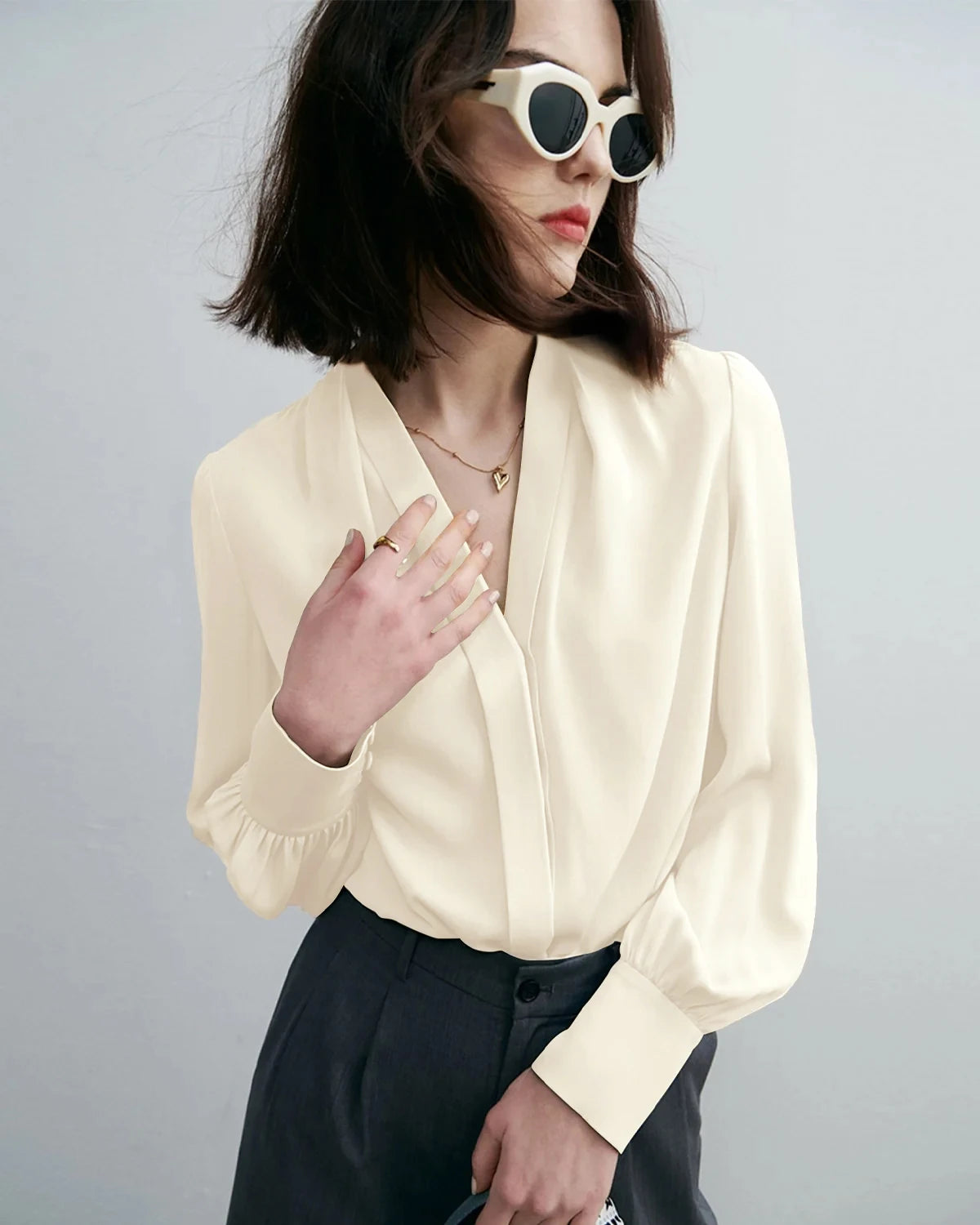 Elegant Deep V Neck Silk Blouse for Women - Luxury Satin Blouse for Office, Party & Date Night - Flowy Long Sleeve Silk Top for Professional & Evening Wear