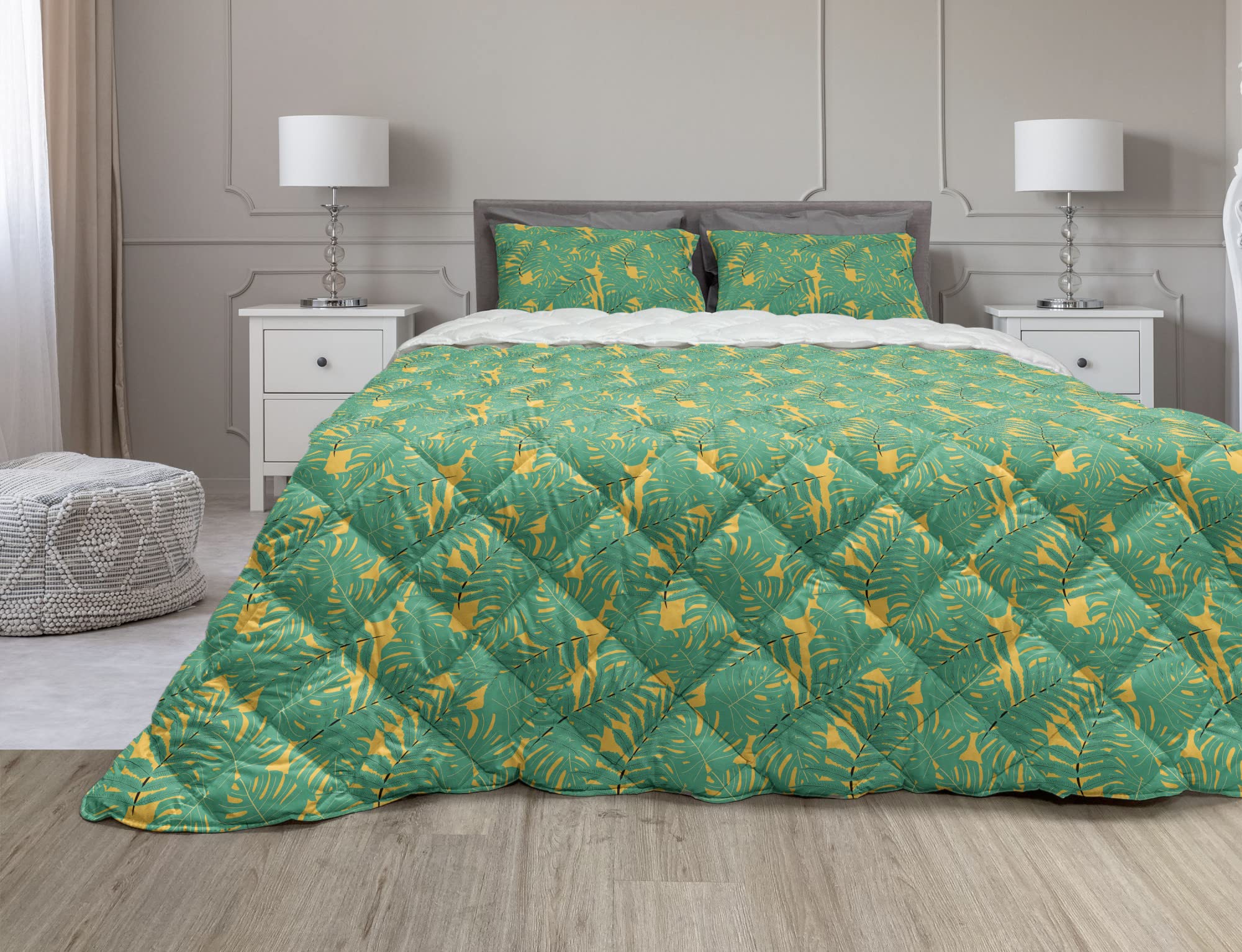 Ambesonne Tropical Comforter & Sham Bedding Set - Monstera Leaves Palm Fern Foliage Hawaiian Rainforest Retro Botanical Print, 3-Piece Duvet Set with Microfiber Filling, Full Size in Orange & Sea Green - Perfect for Boho Bedroom Decor, Guest Room Makeover & Tropical Vacation Vibes
