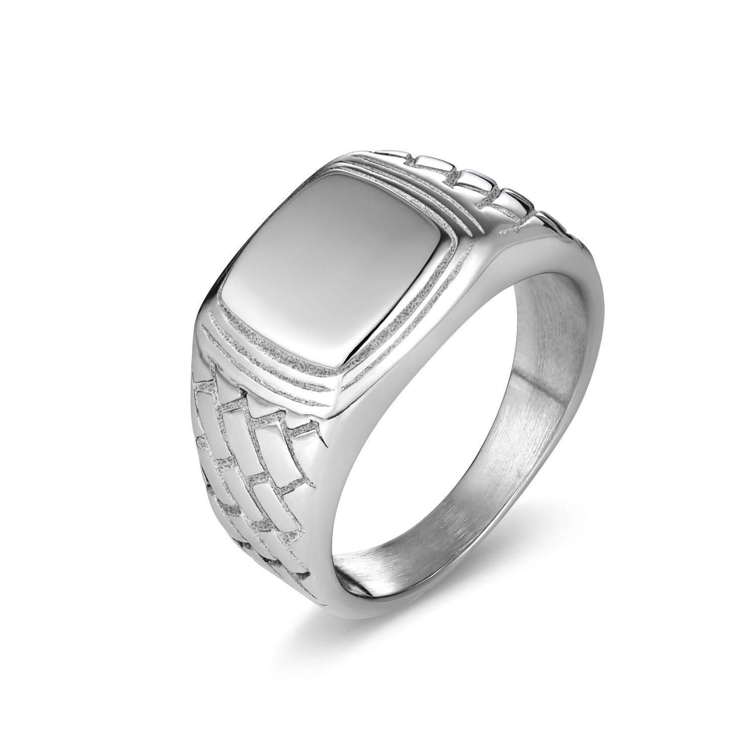 LaSua Men's Stainless Steel Signet Ring - Brick Pattern, Polished Square Top for Daily Wear & Gifts